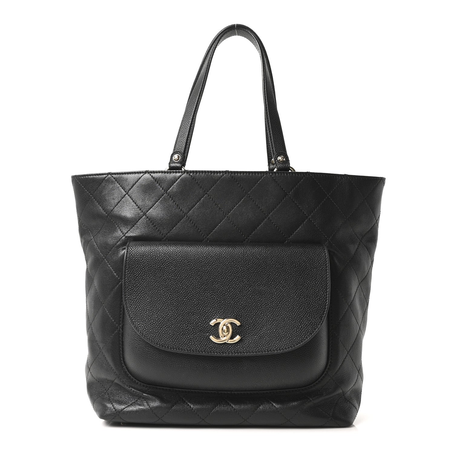 Sheepskin Caviar Quilted Medium Shopping Tote Black