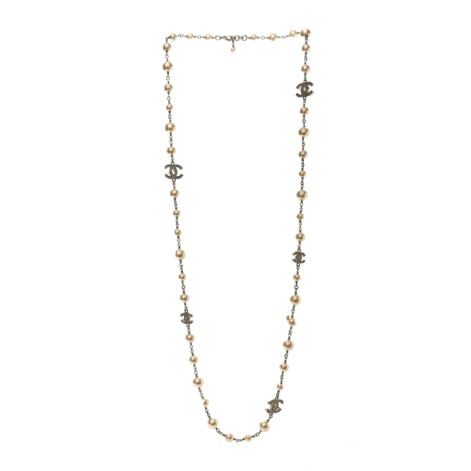 Graduated Pearl Crystal CC Long Necklace Silver