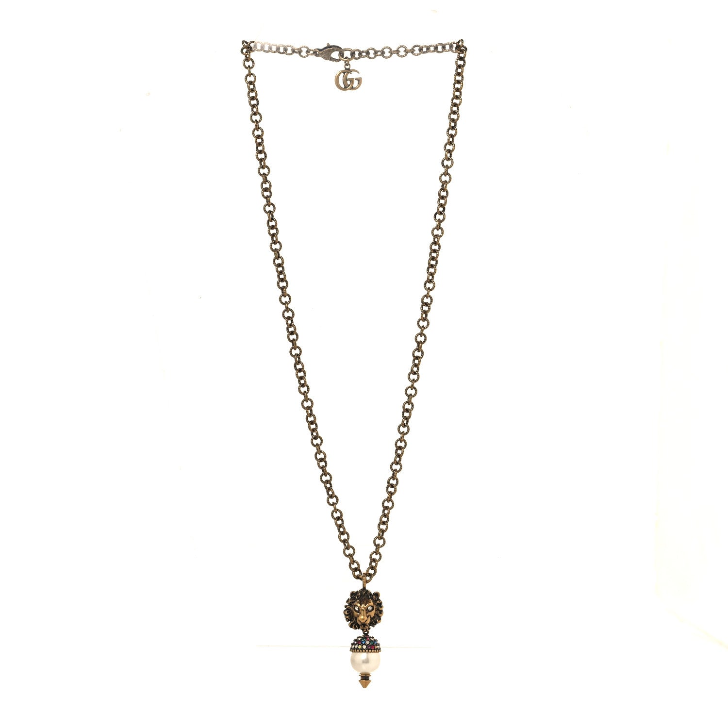 Metal Crystal Pearl Lion Head Necklace Aged Gold