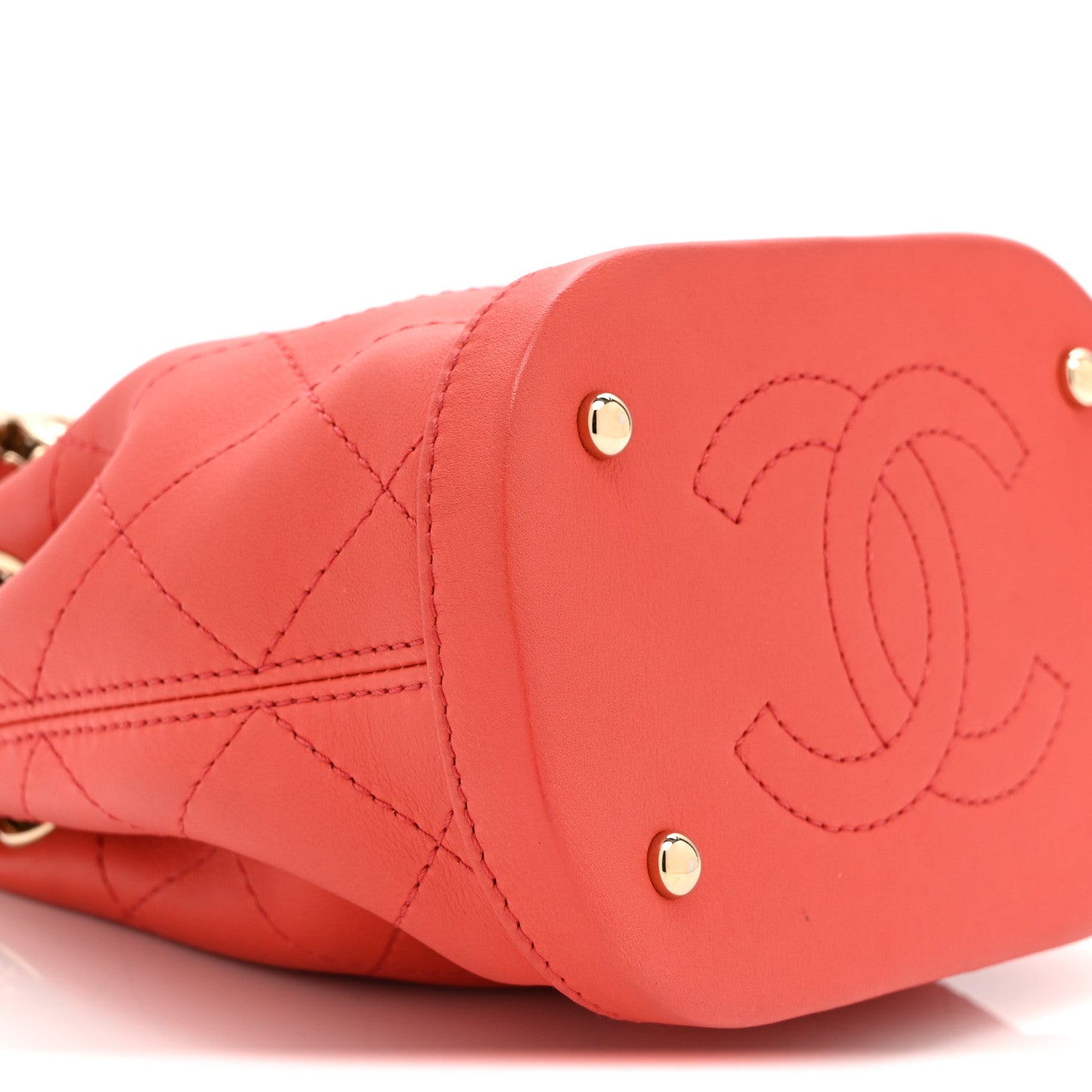 Calfskin Stitched Chain Bucket Bag Coral