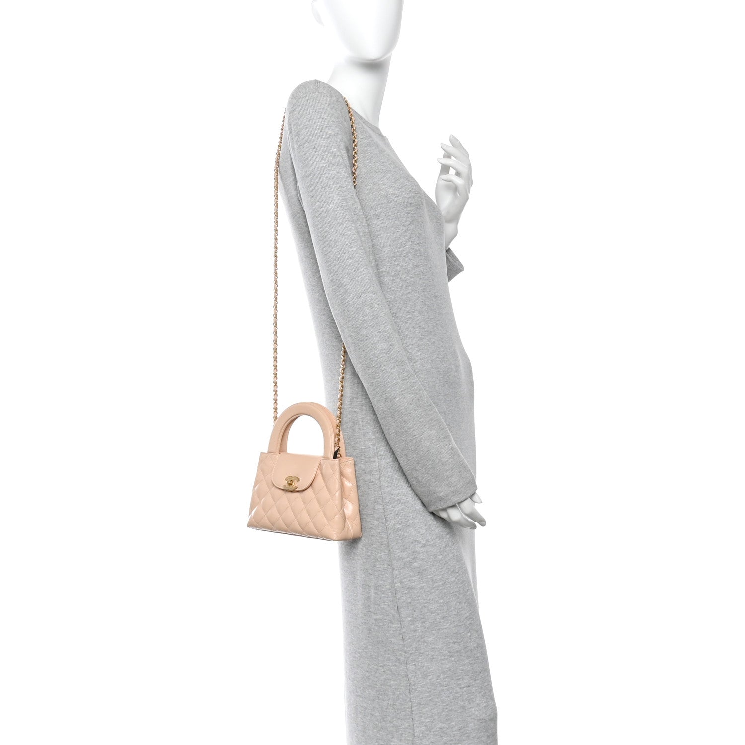 Shiny Aged Calfskin Quilted Nano Kelly Shopper Beige