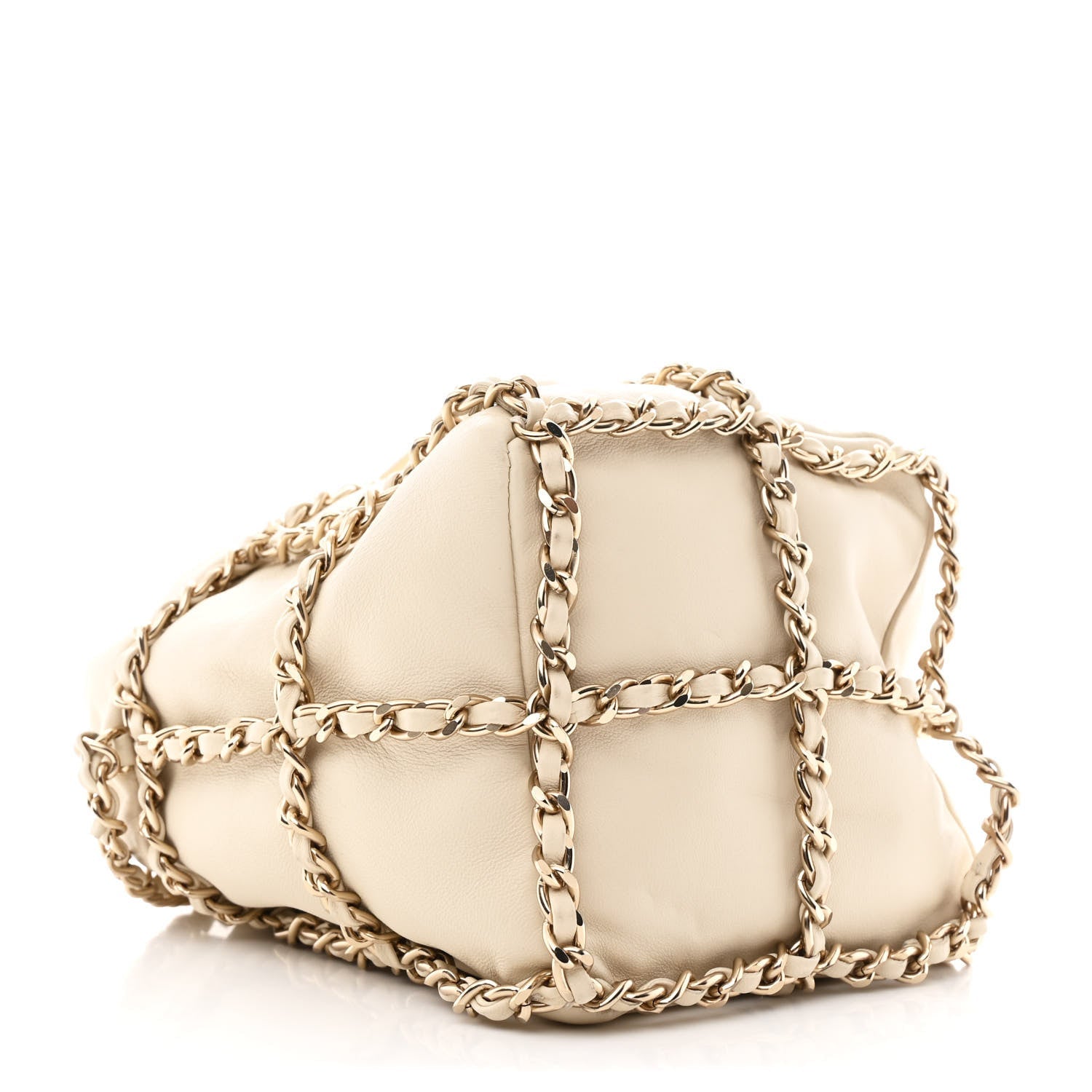 Lambskin Bucket Chain Drawstring Bag Beige