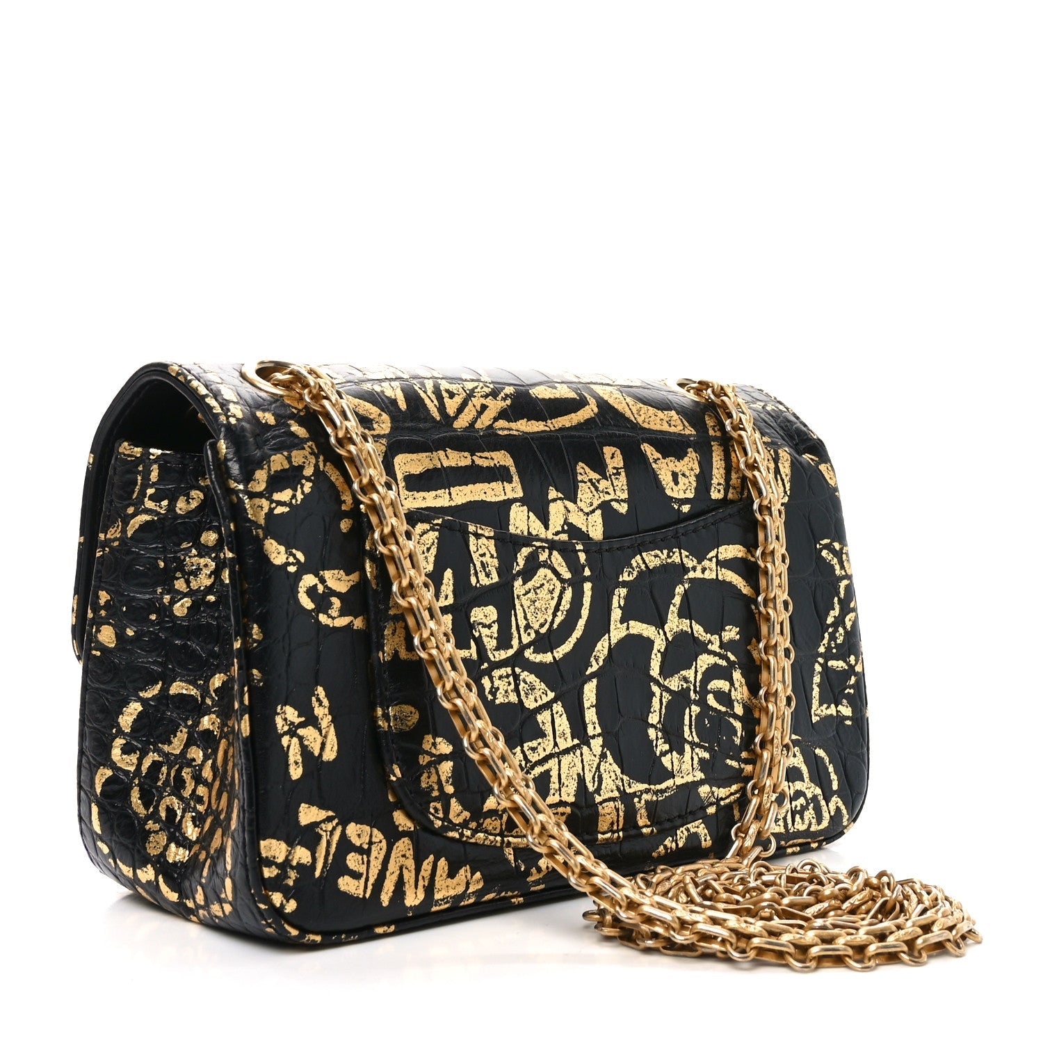 Calfskin Crocodile Embossed Graffiti 2.55 Mini Cocodile Reissue Flap Black Gold