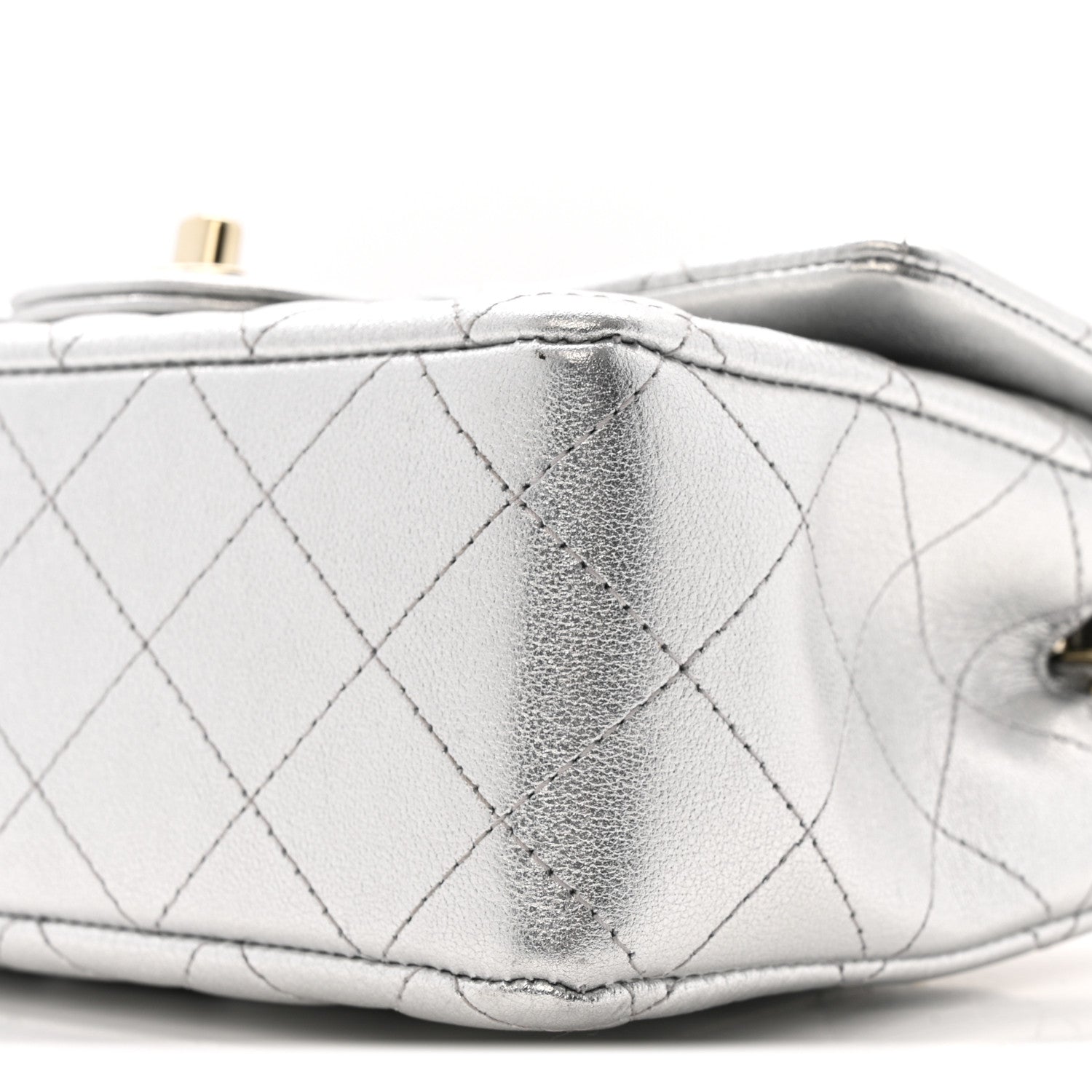 Metallic Calfskin Quilted Mini Rectangular Flap Silvery