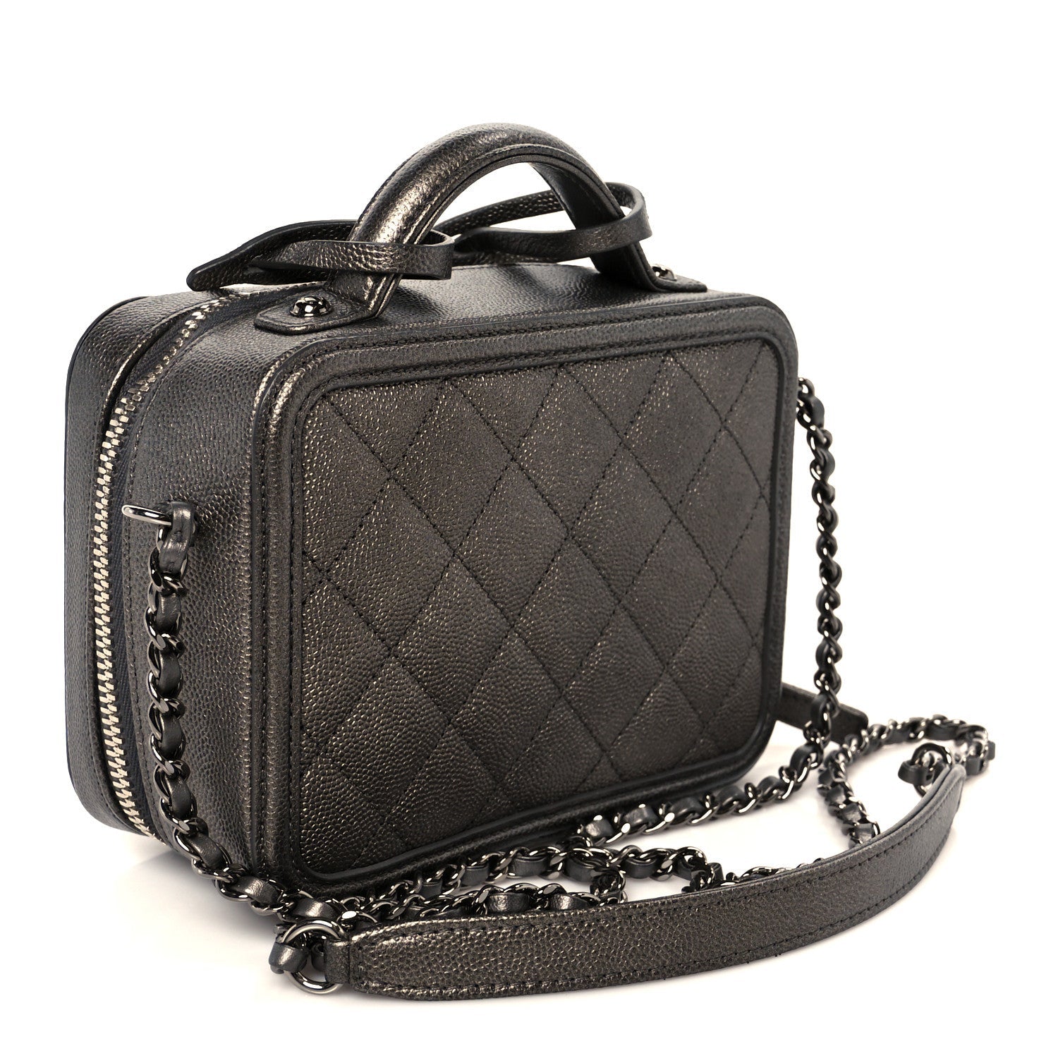 Metallic Caviar Quilted Small CC Filigree Vanity Case Dark Silver