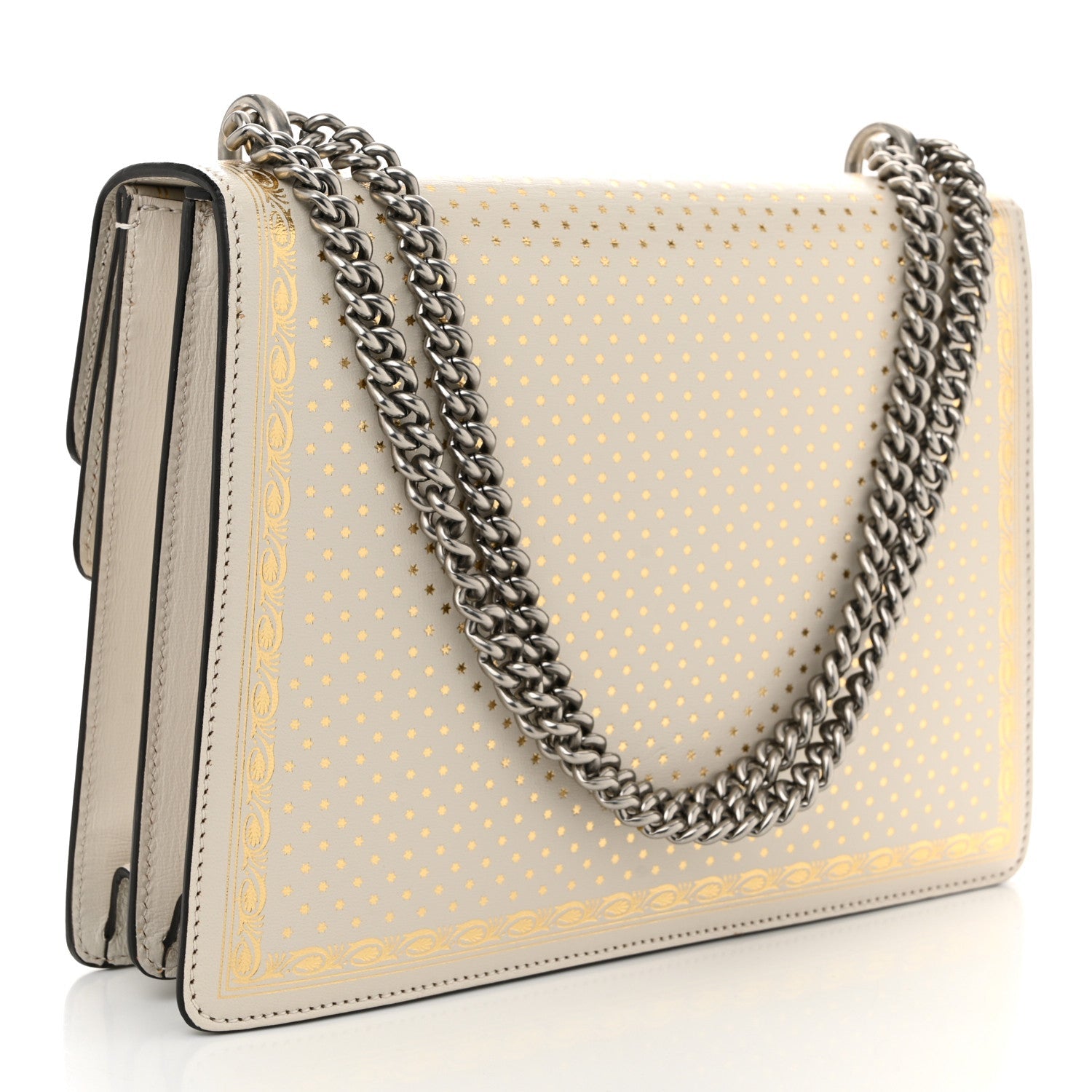 X SEGA Calfskin GUCCY Stars Medium Dionysus Shoulder Bag Mystic White Gold