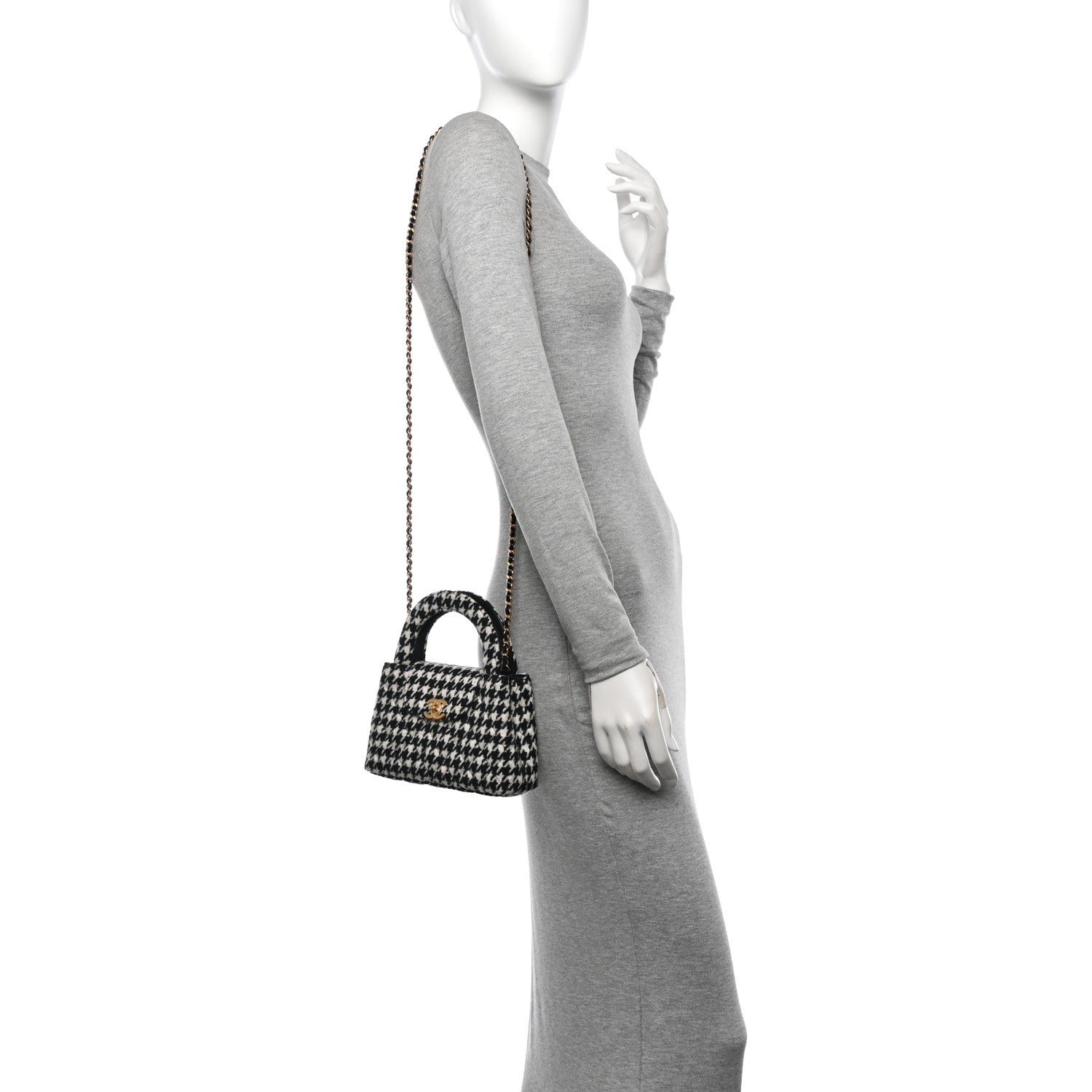 Tweed Houndstooth Quilted Nano Kelly Shopper Black White