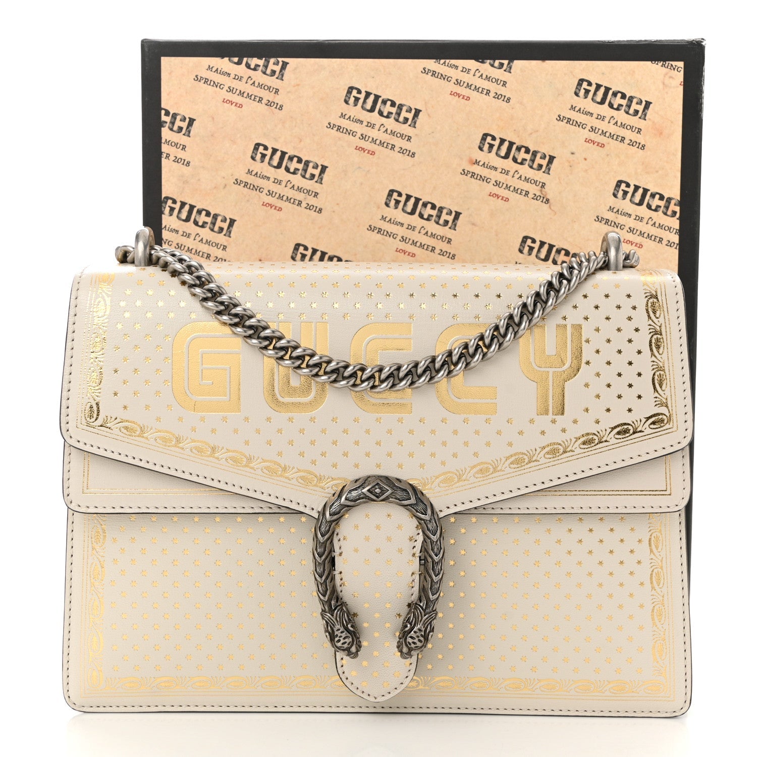 X SEGA Calfskin GUCCY Stars Medium Dionysus Shoulder Bag Mystic White Gold