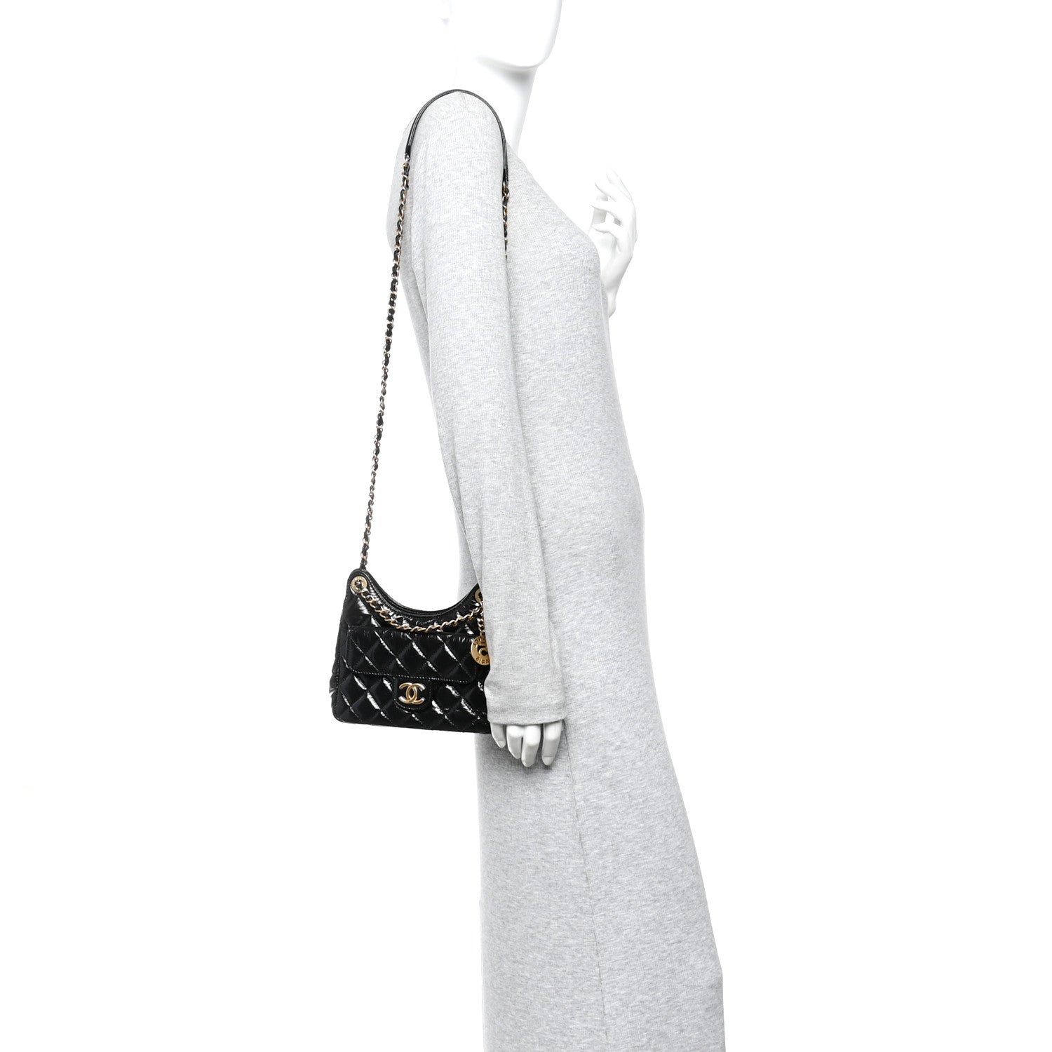 Shiny Crumpled Calfskin Quilted Small Wavy CC Hobo Black