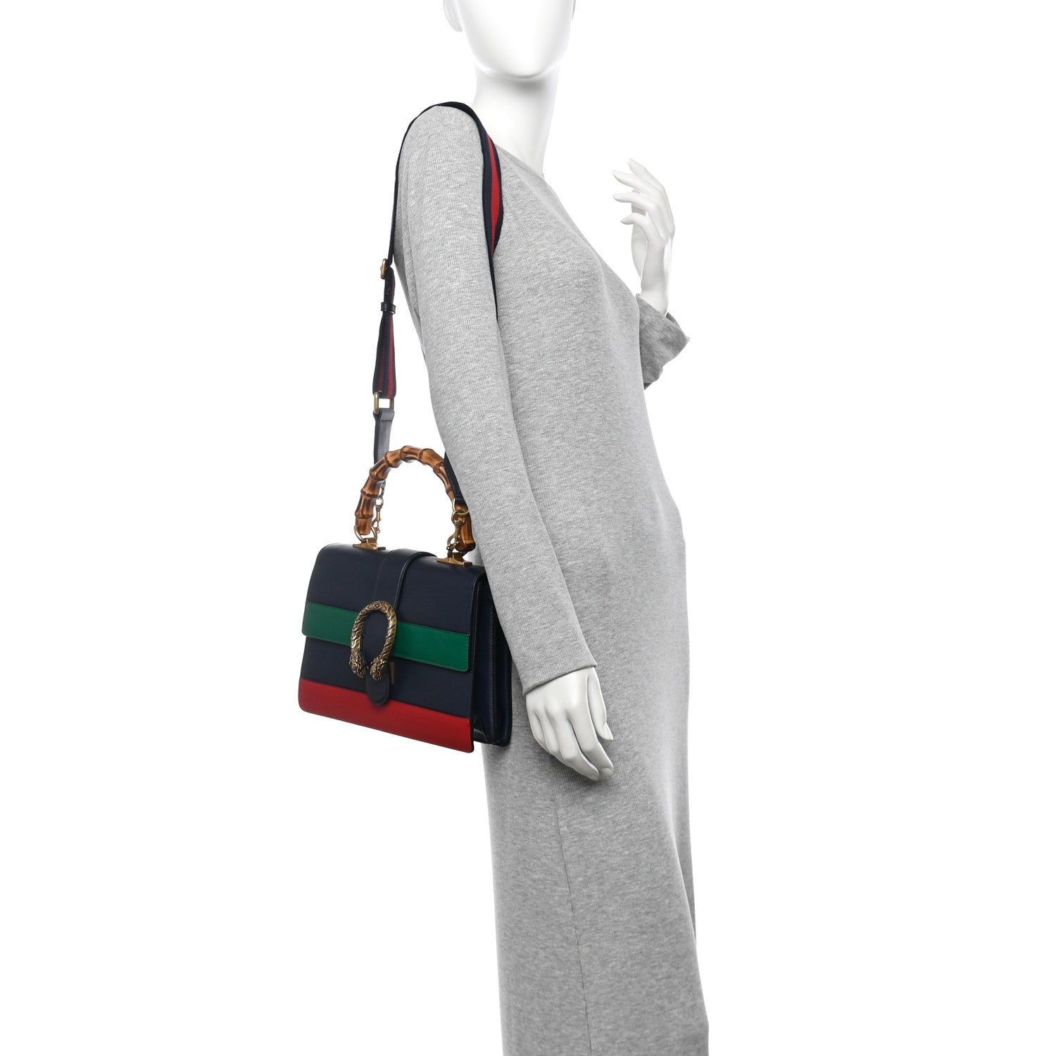 Moon Calfskin Web Medium Dionysus Bamboo Top Handle Bag Blue Emerald Hibiscus Red