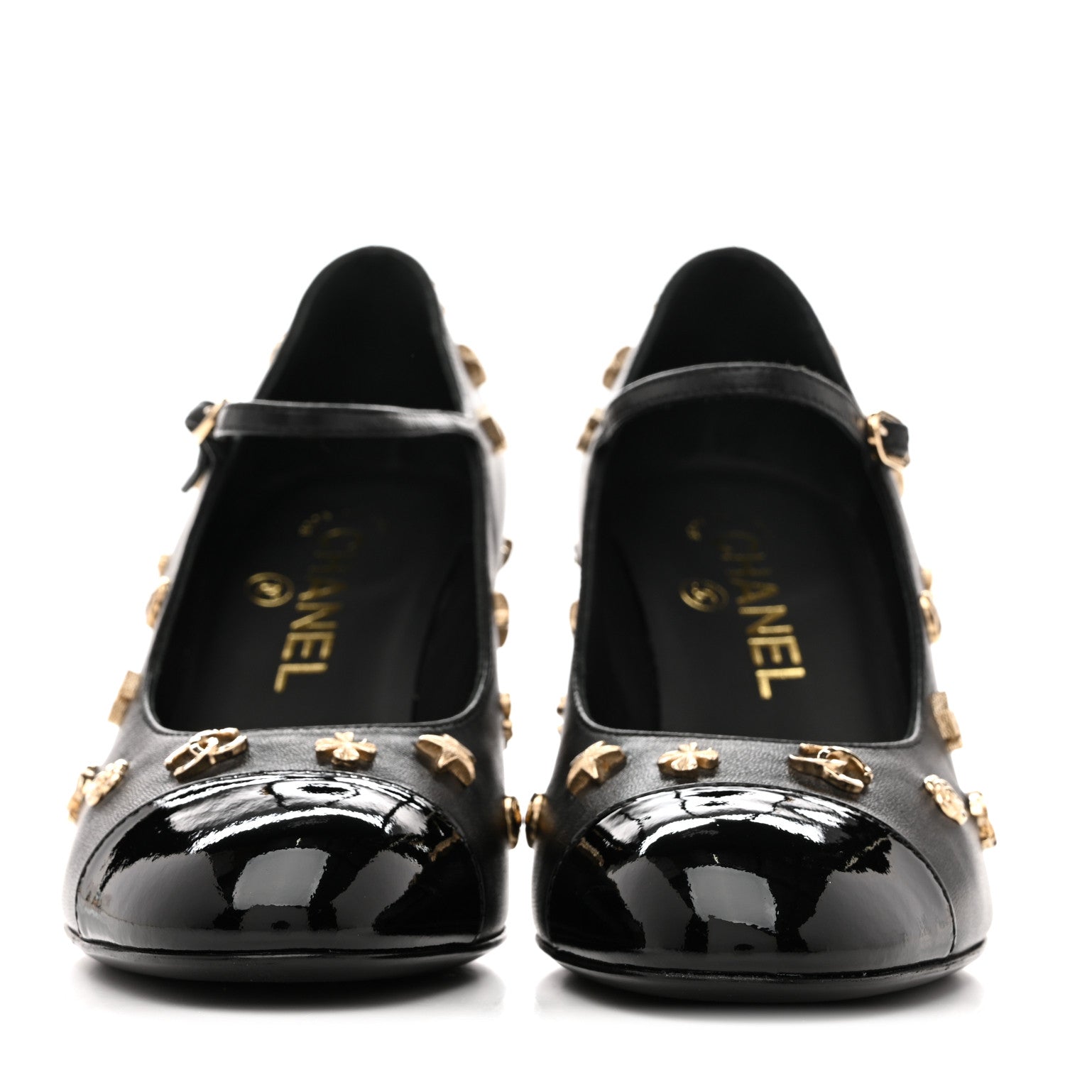 Lambskin Patent Cap Toe Charms Mary Jane Pumps 36.5 Black