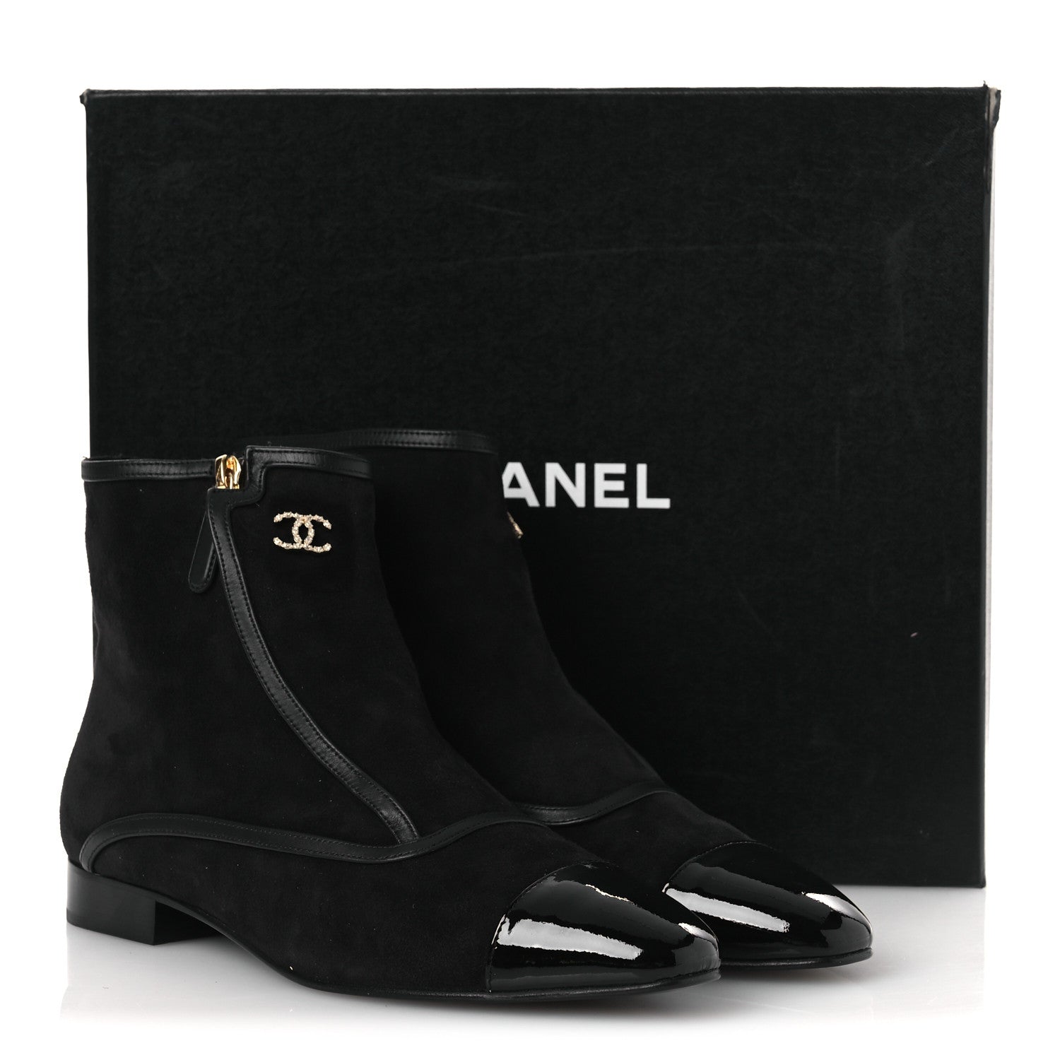 Suede Lambskin Patent Calfskin CC Cap Toe Ankle Boots 40 Black