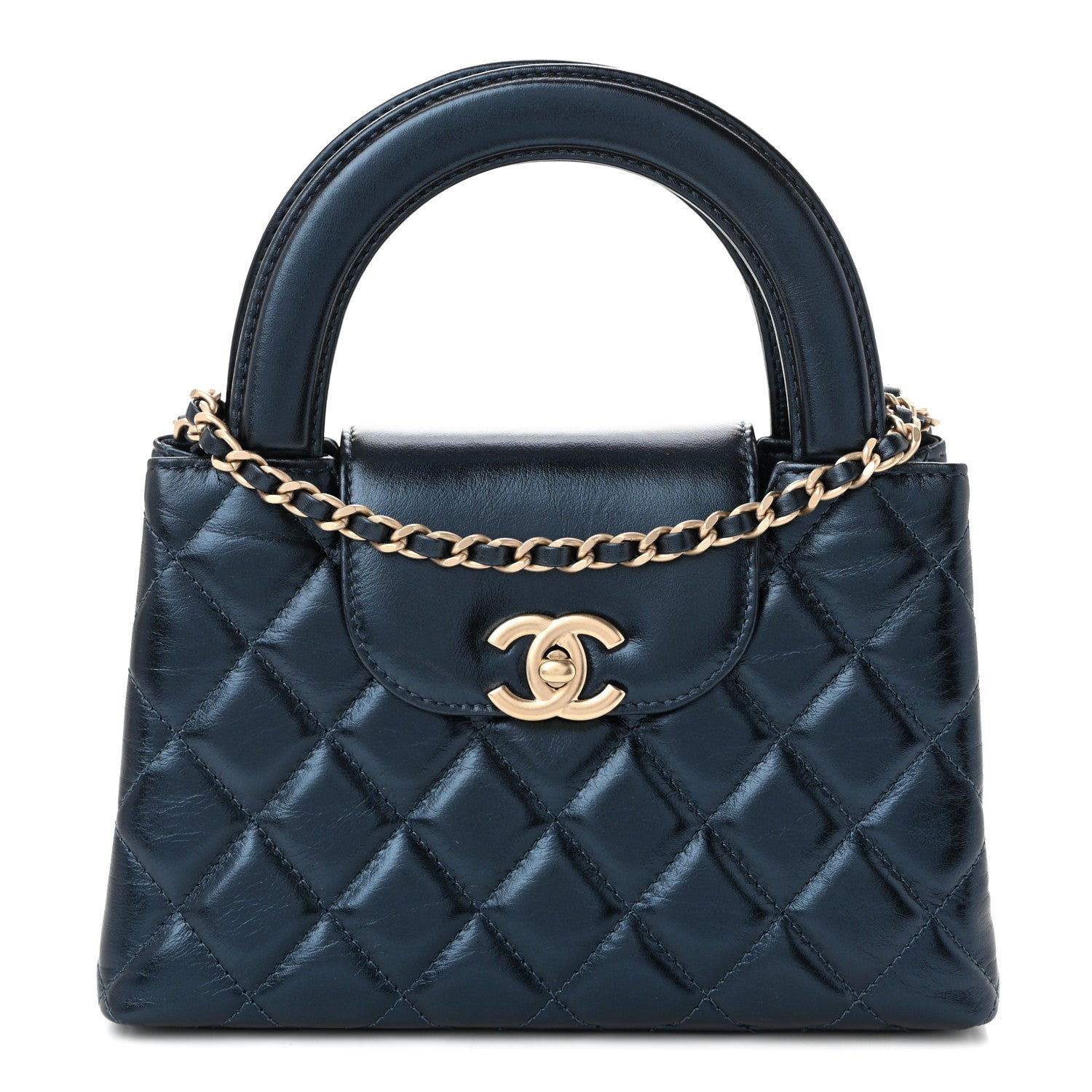 Metallic Aged Calfskin Quilted Nano Kelly Shopper Navy