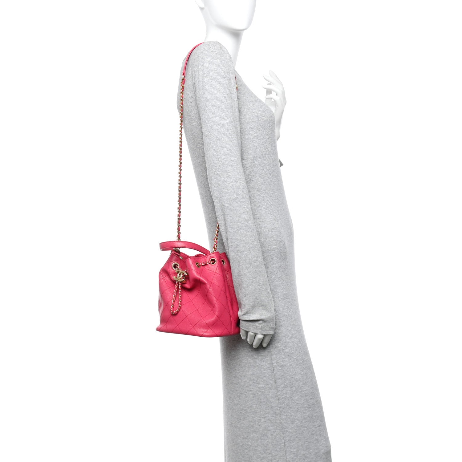 Caviar Quilted Fashion Therapy Bucket Drawstring Bag Dark Pink