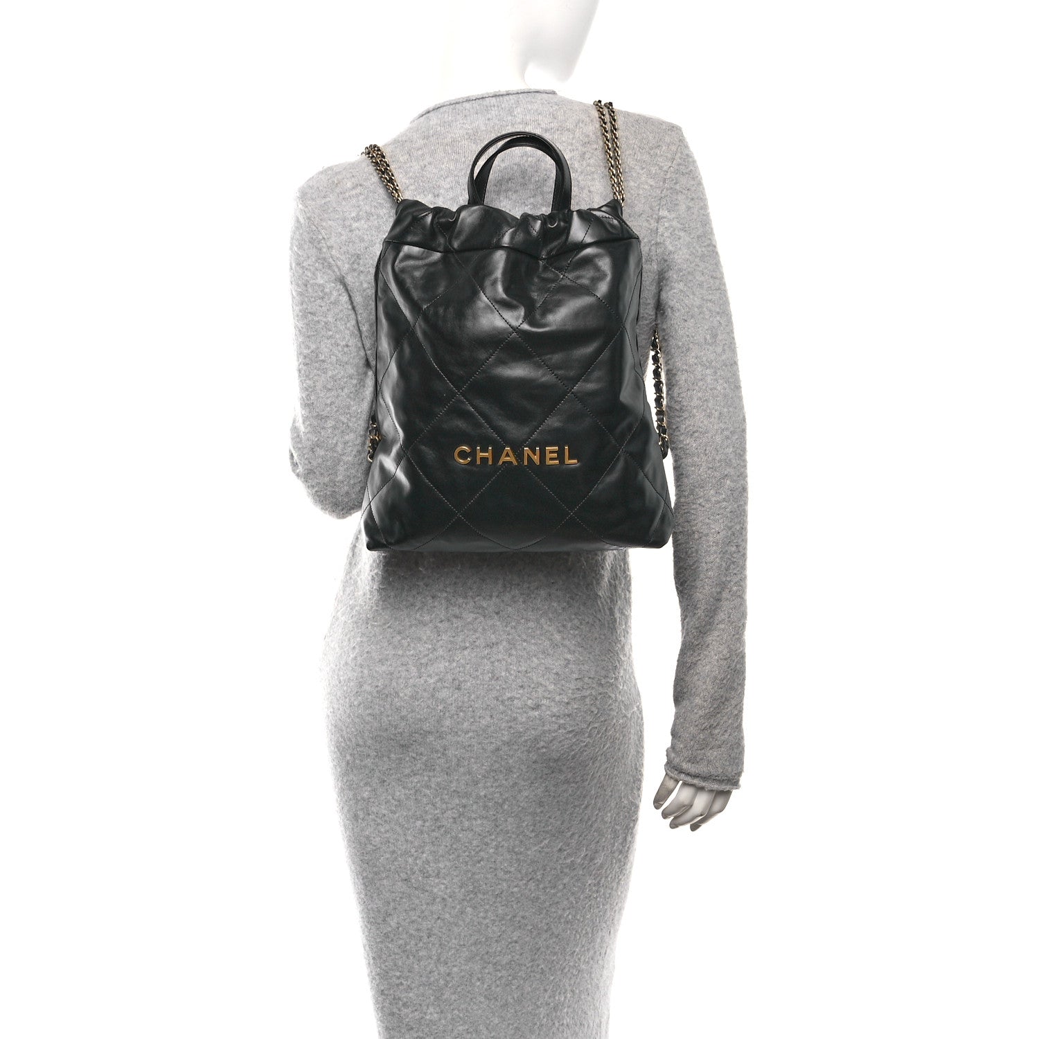 Shiny Calfskin Quilted Chanel 22 Backpack Black