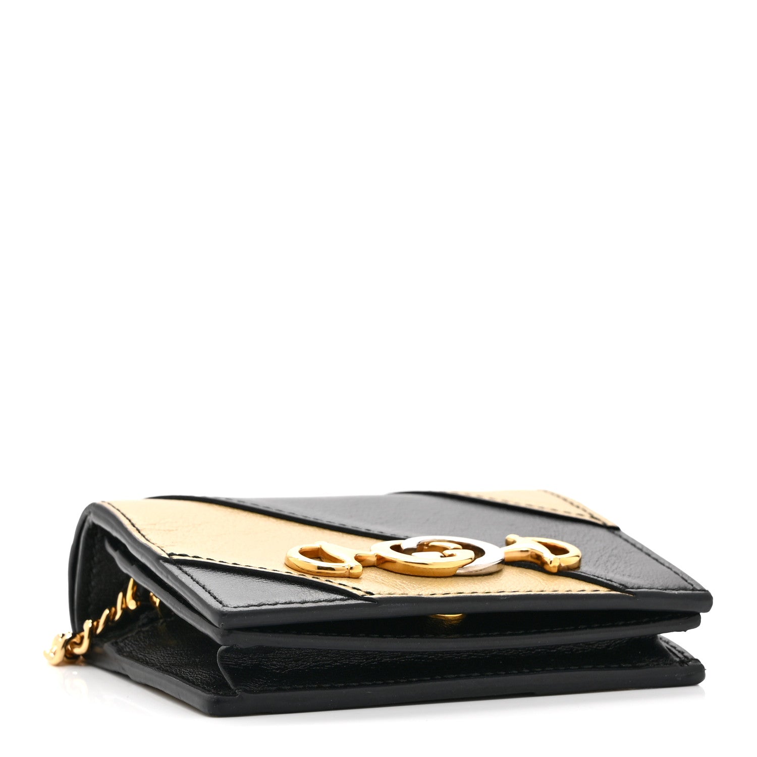 Calfskin Diagonal Striped Zumi Chain Card Case Wallet Black Beige