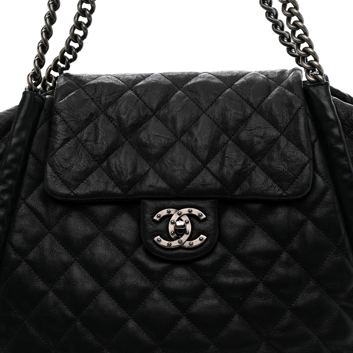 Crumpled Calfskin Iridescent Calfskin Hidden Chain Large Quilted Shopping Tote Black