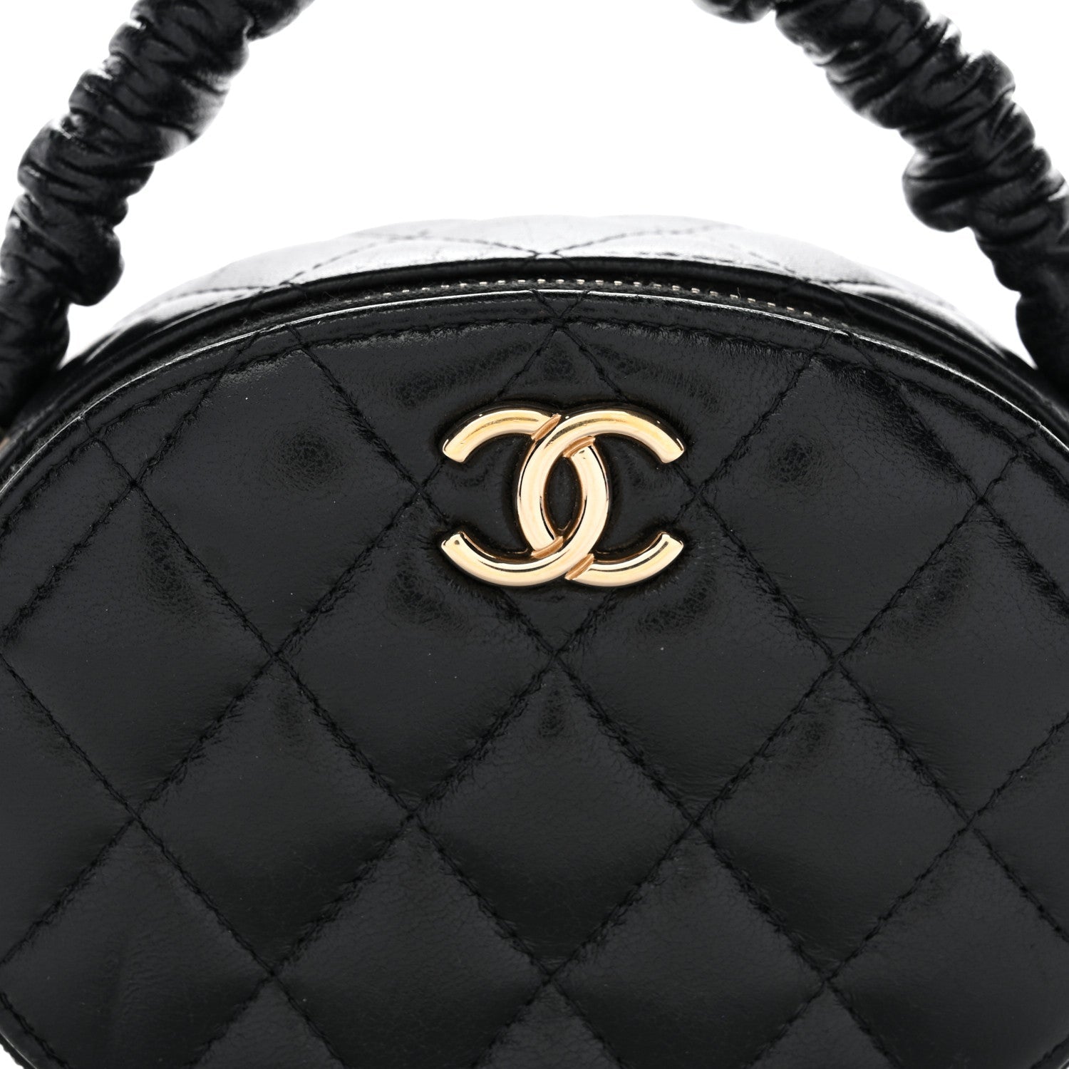 Lambskin Quilted Ruched Top Handle Vanity Case Black