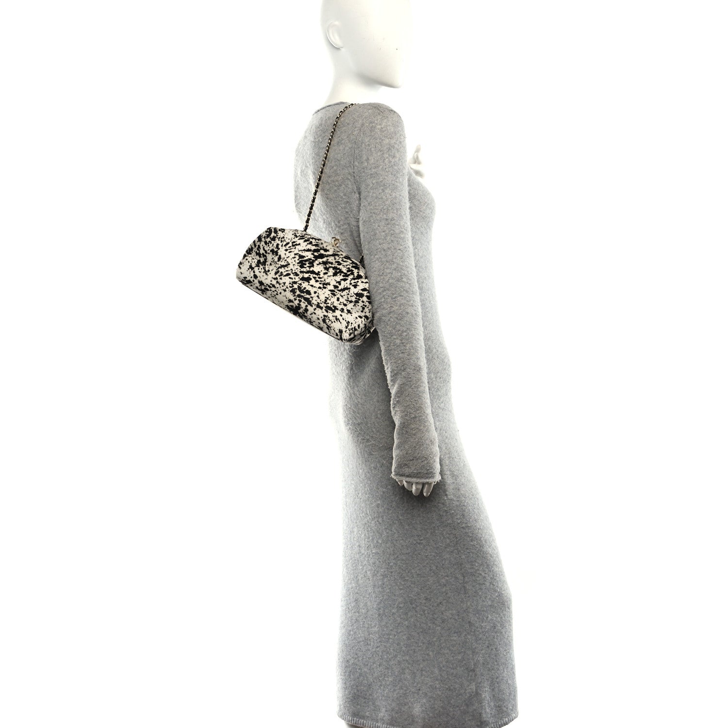 Lambskin Pony Hair Printed Clutch With Chain Black White