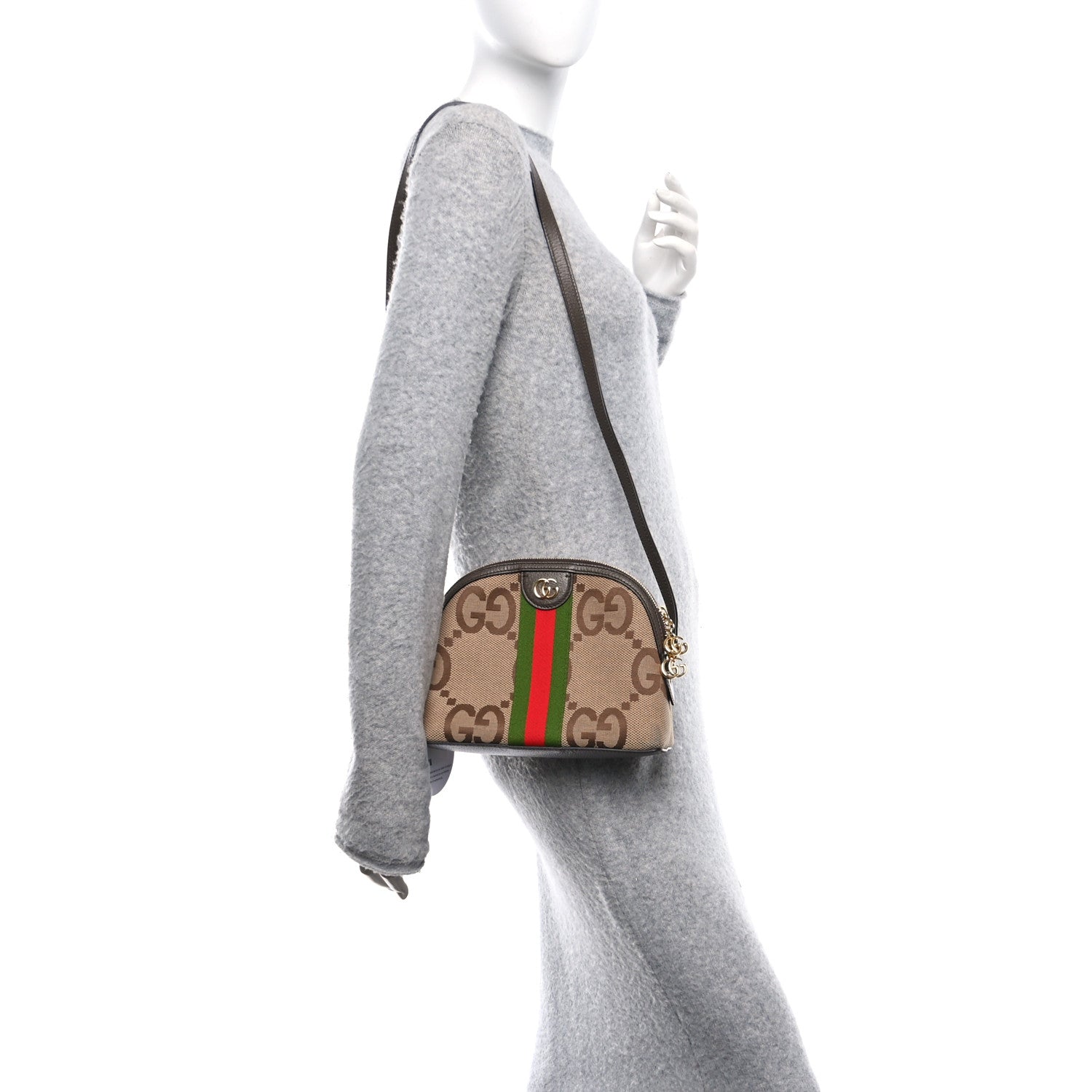 Monogram Jumbo GG Textured Dollar Calfskin Web Small Ophidia Dome Shoulder Bag Camel Ebony New Acero