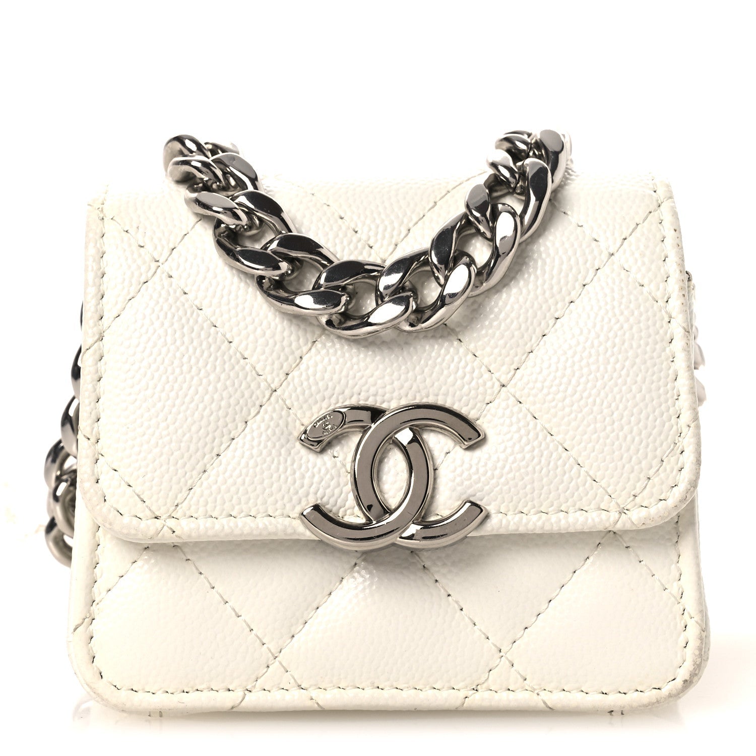 Caviar Quilted Enamel Coco Clutch With Chain White