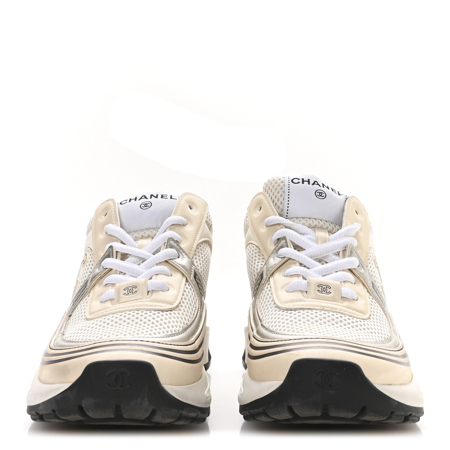 Fabric Laminated Calfskin Stretch CC Sneakers 37 Ivory White Silver