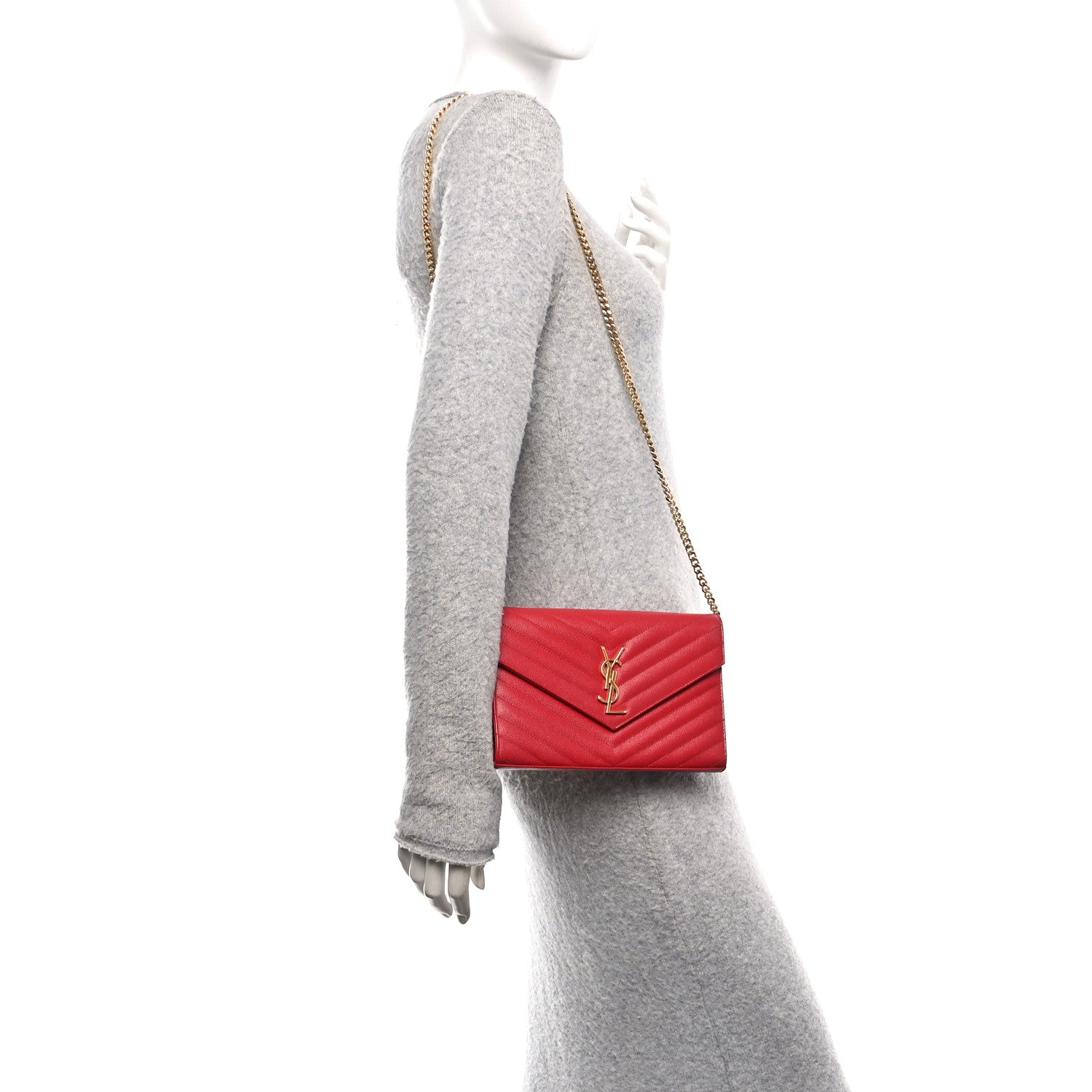 Grain De Poudre Matelasse Chevron Monogram Chain Wallet Red