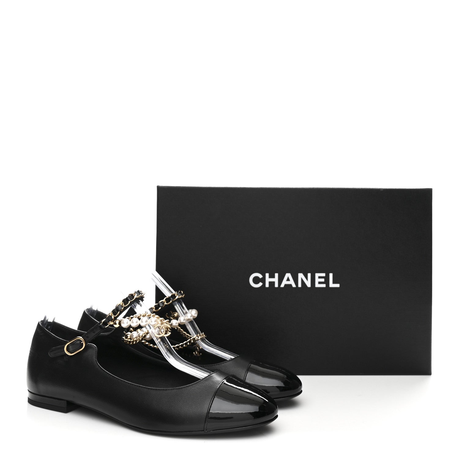 Shiny Lambskin Pearl Cap Toe Ankle Chain Ballerina Flats 37 Black