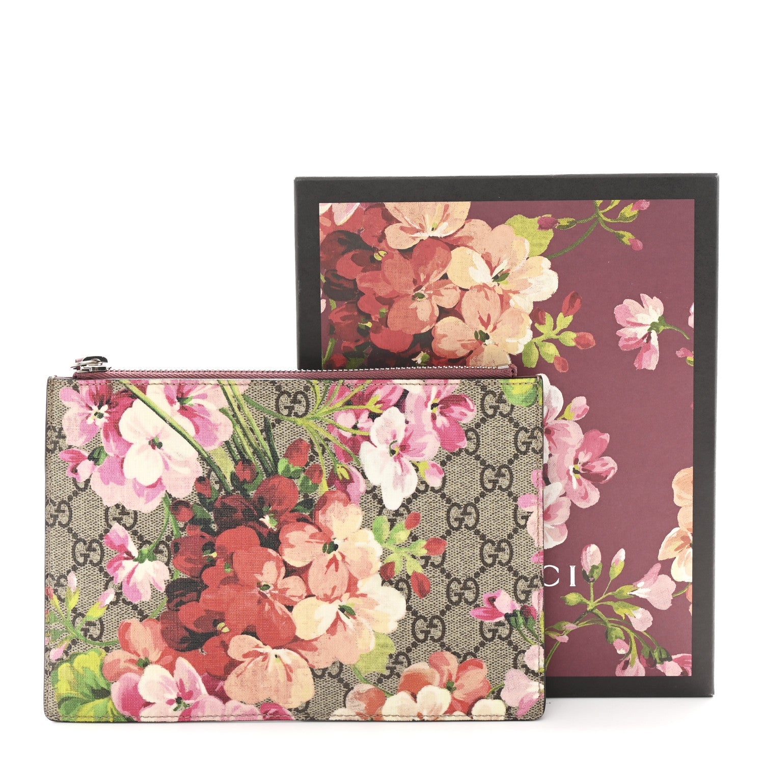 GG Supreme Monogram Blooms Small Zip Pouch Beige Multicolor Dry Rose