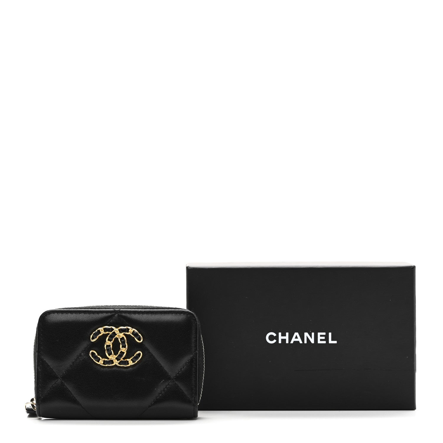Lambskin Quilted Chanel 19 Zip Around Coin Purse Wallet Black