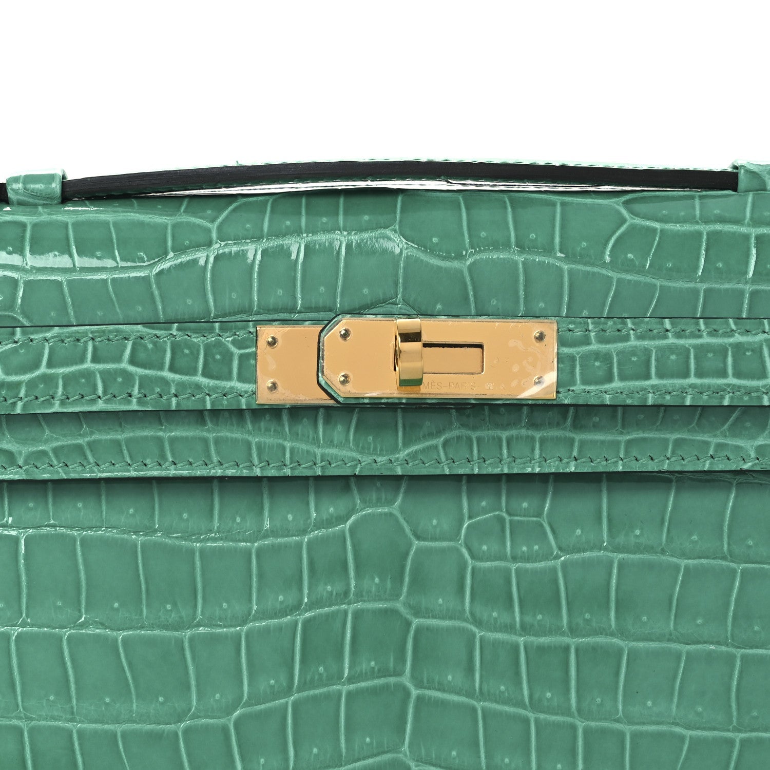 Shiny Porosus Crocodile Kelly Cut Pochette Vert Jade