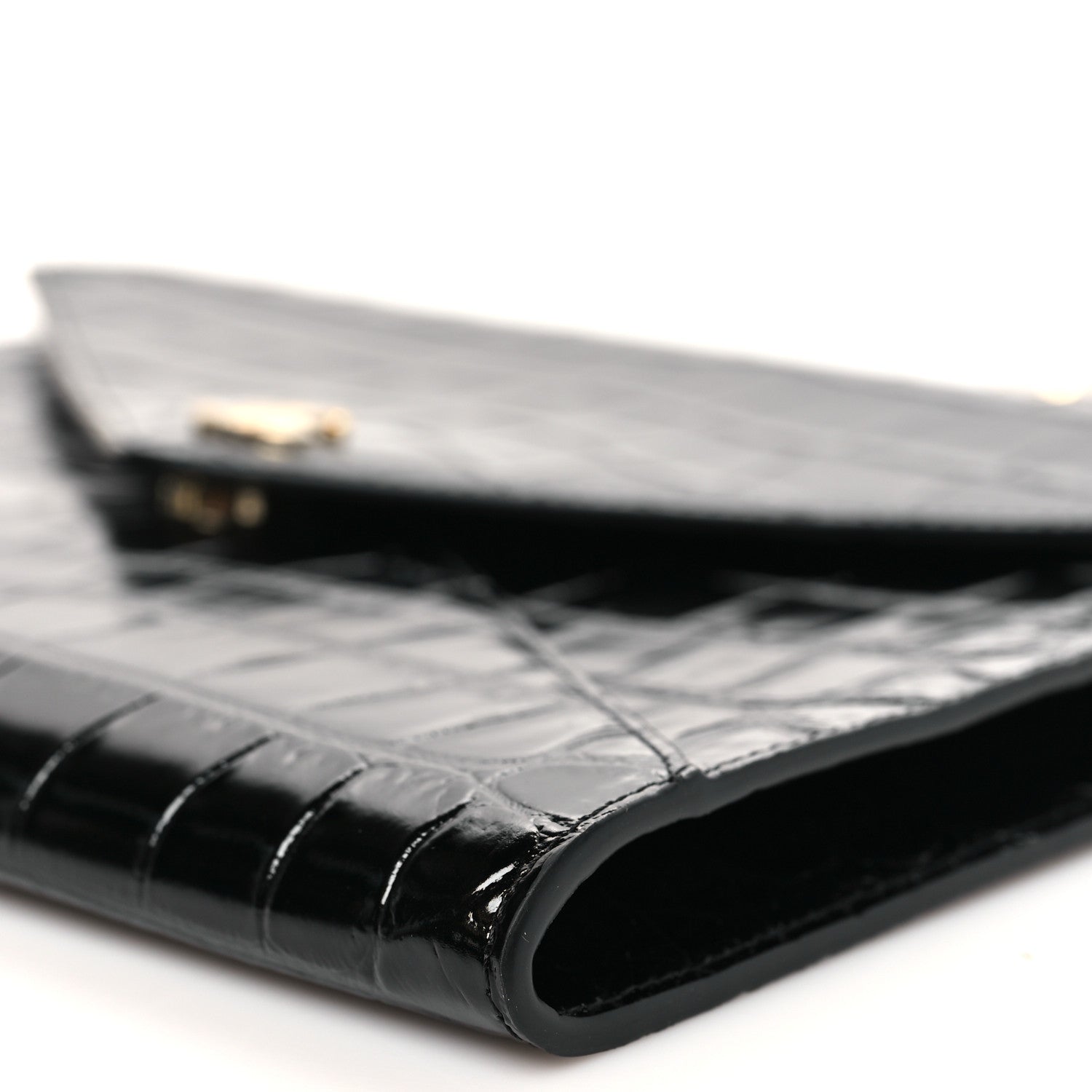 Calfskin Crocodile Embossed Croc Illusion Clutch With Chain  Black