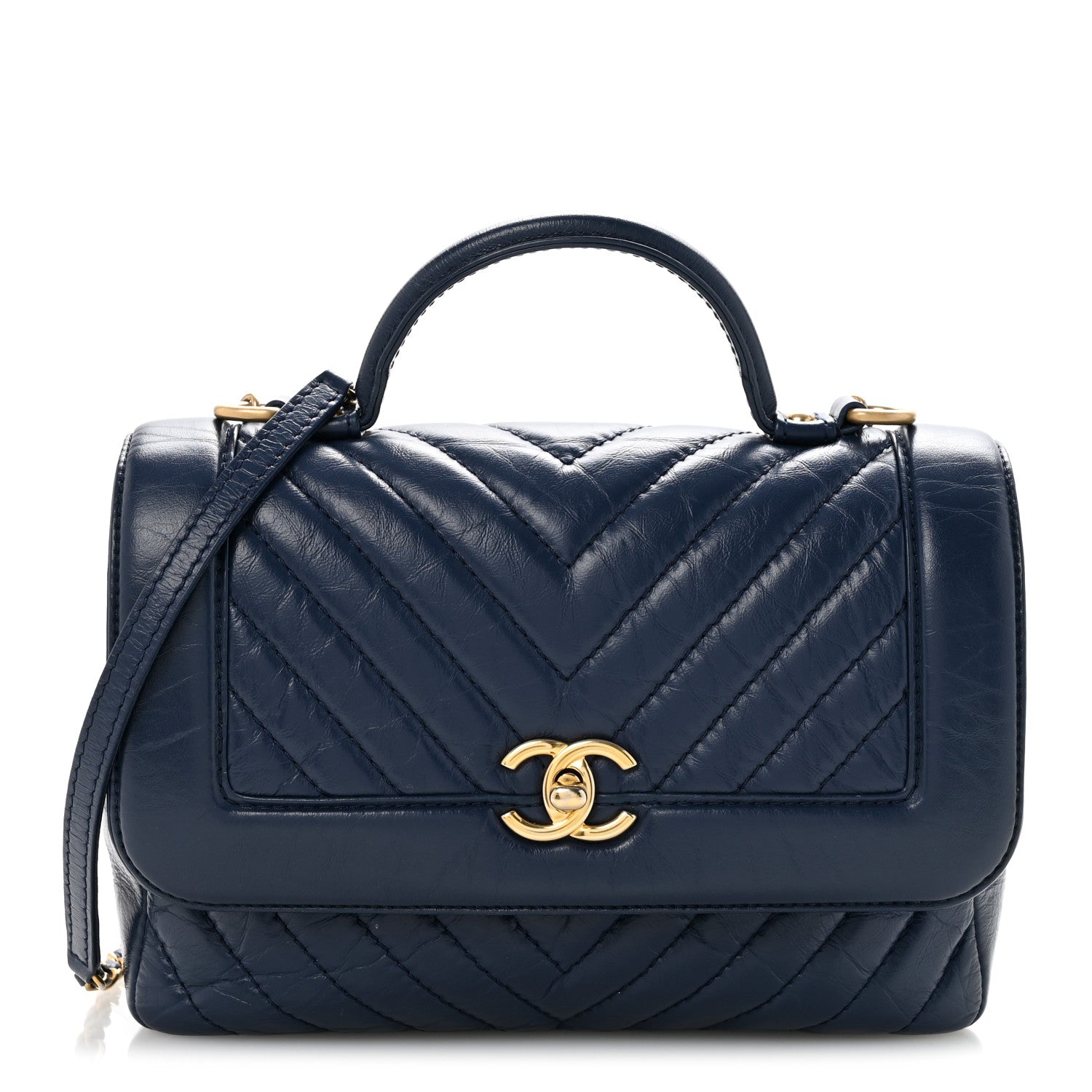 Calfskin Chevron Quilted Top Handle Flap Navy