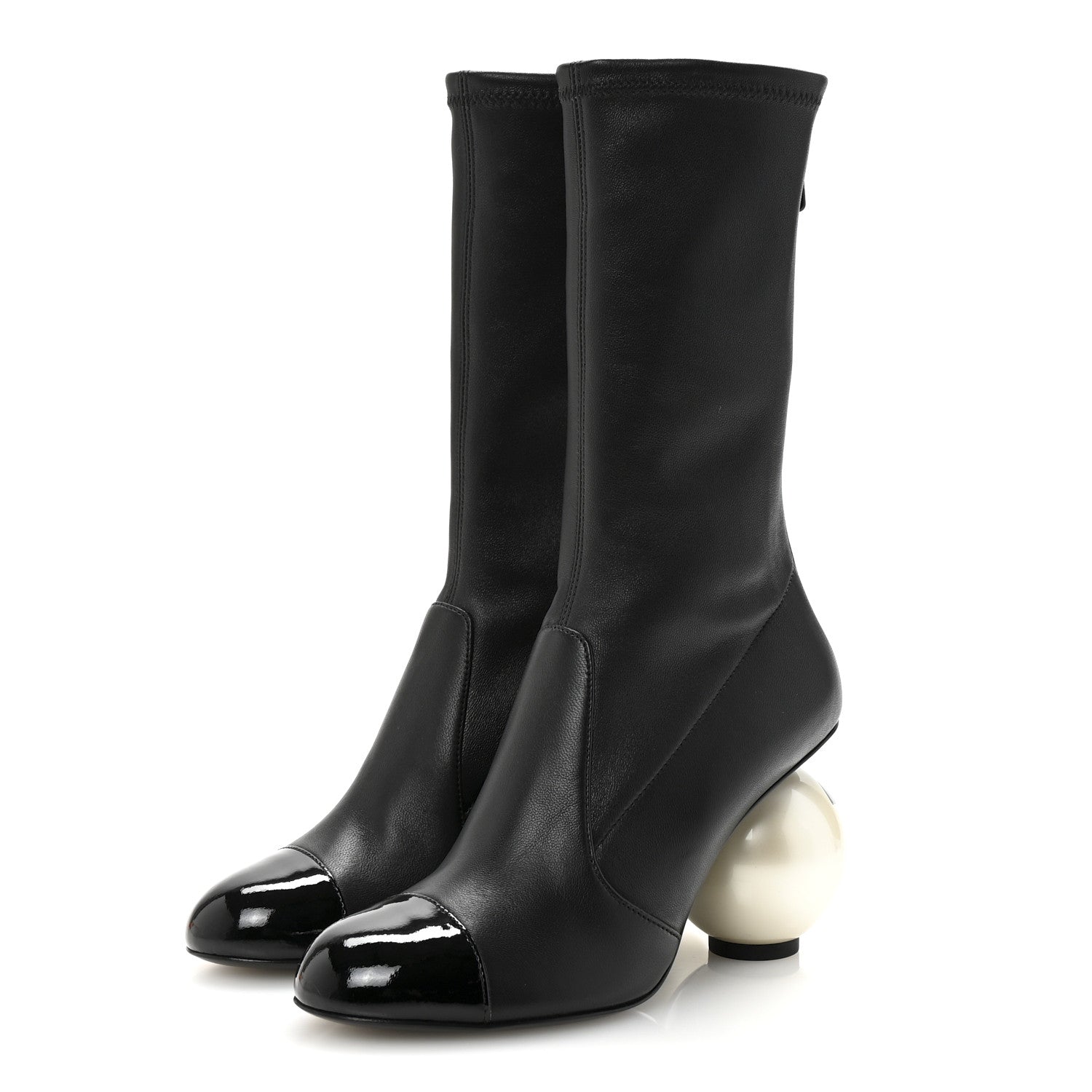 Stretch Lambskin Patent Cap Toe Pearl Ball Mid Calf Boots 35 Black