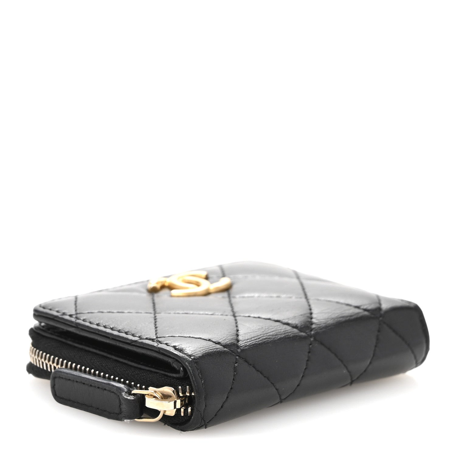 Lambskin Quilted Compact Zipped Wallet Black