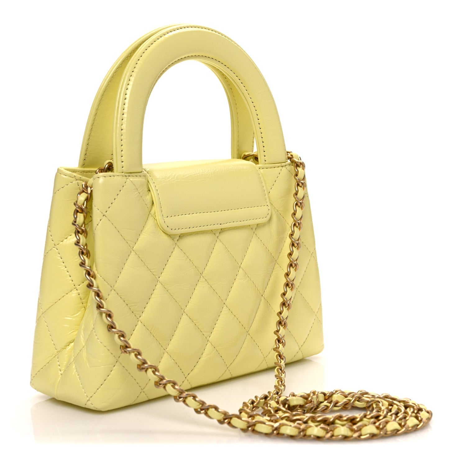 Shiny Aged Calfskin Quilted Nano Kelly Shopper Light Yellow