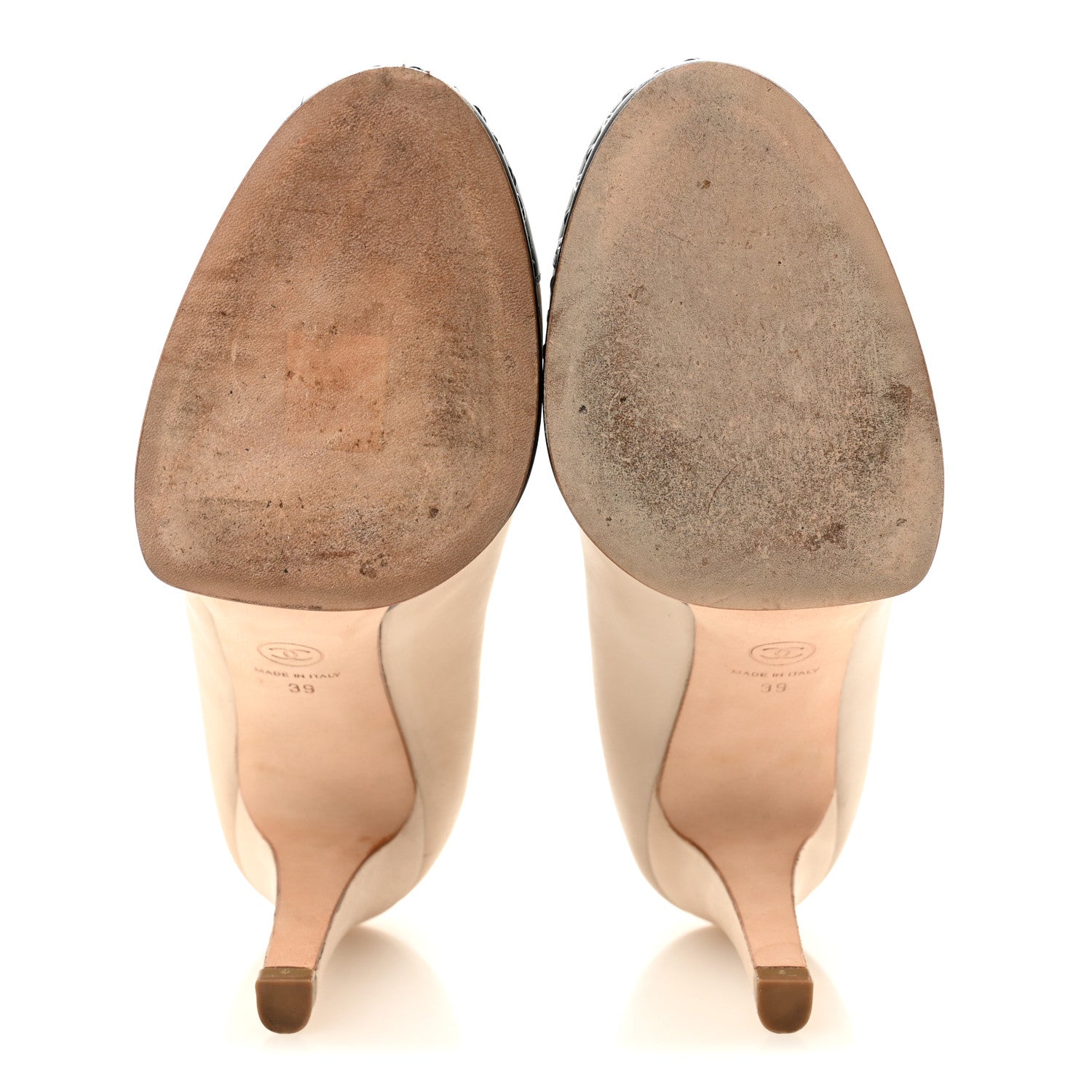 Calfskin CC Cap Toe Platform Chain Pumps 39 Beige Black