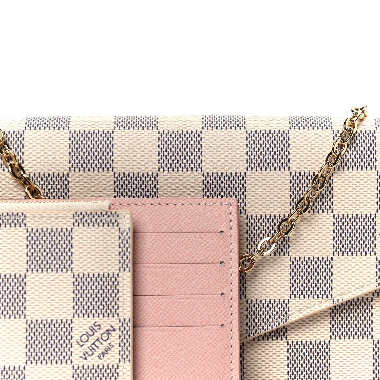 Damier Azur Pochette Felicie Chain Wallet Rose Ballerine