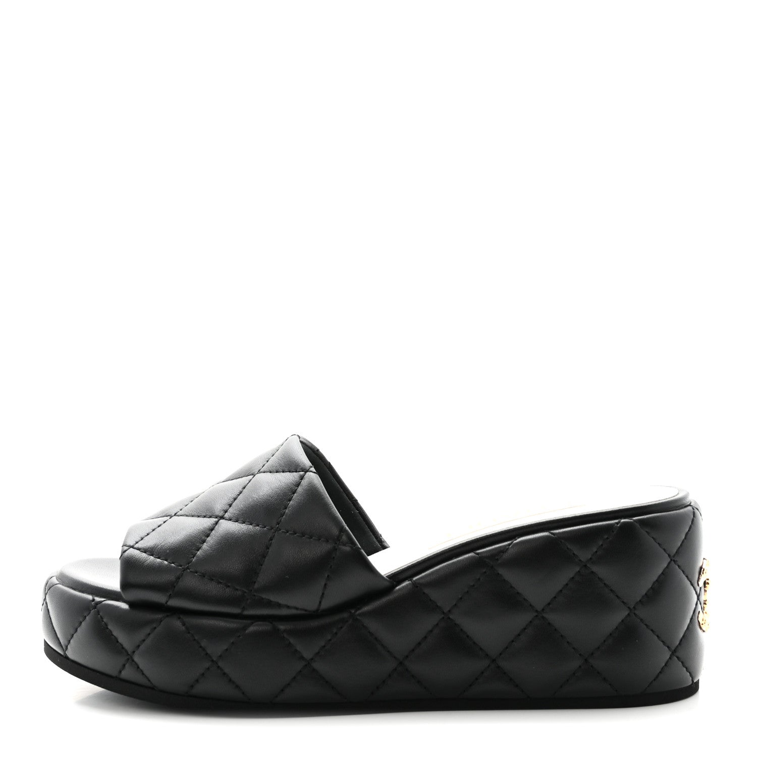Lambskin Quilted Camelia CC Wedge Sandal Mules 38.5 Black