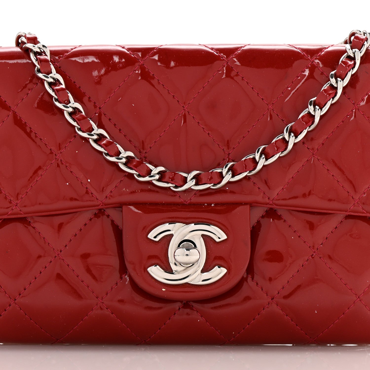 Patent Quilted Mini Flap Clutch With Chain  Red