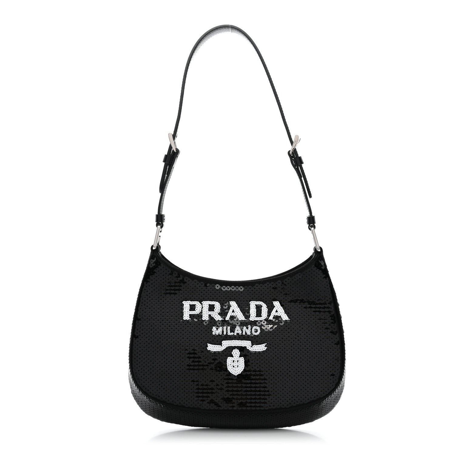 Paillettes Sequin Logo Cleo Adjustable Strap Shoulder Bag Black White