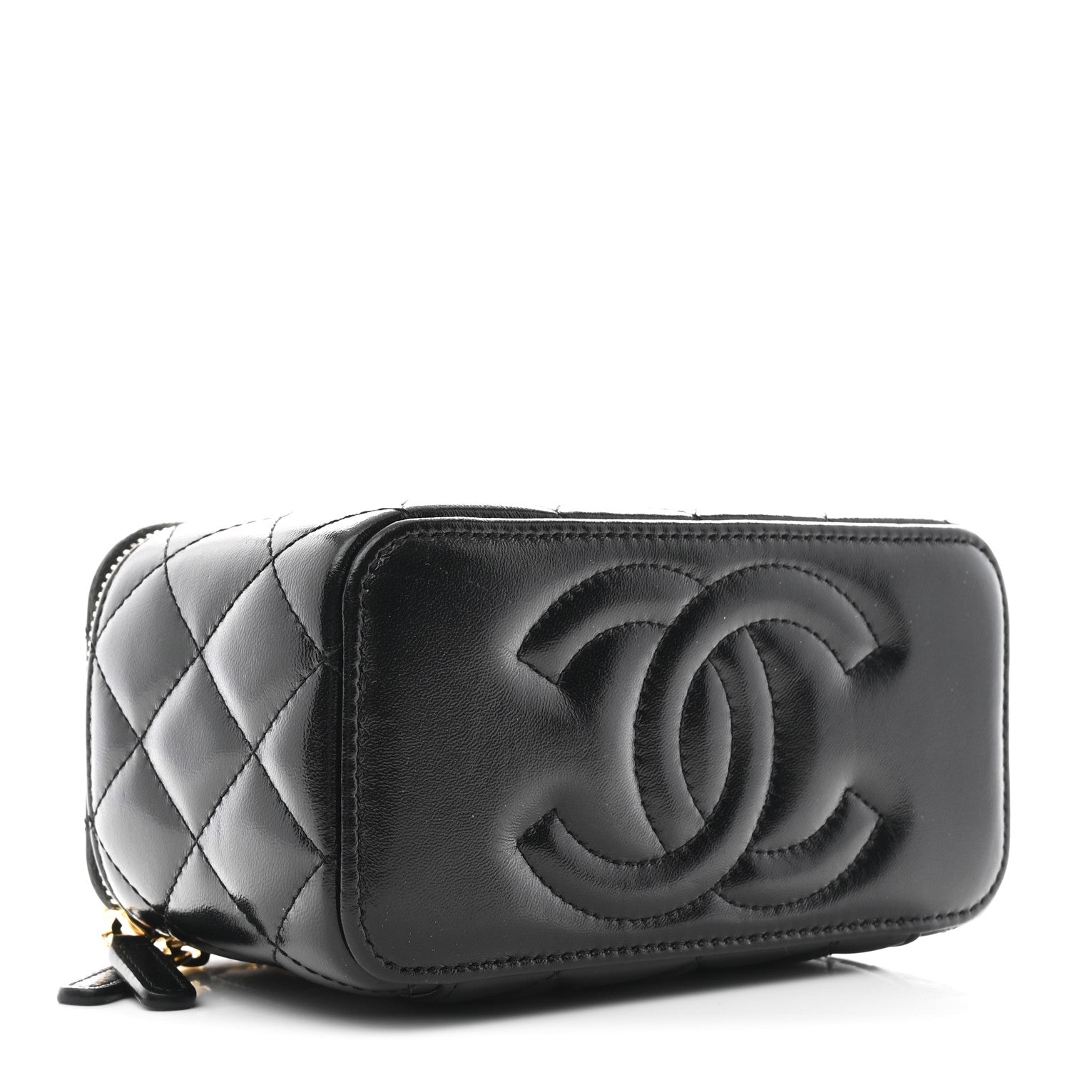 Shiny Lambskin Quilted Small Vanity Case With Chain Black