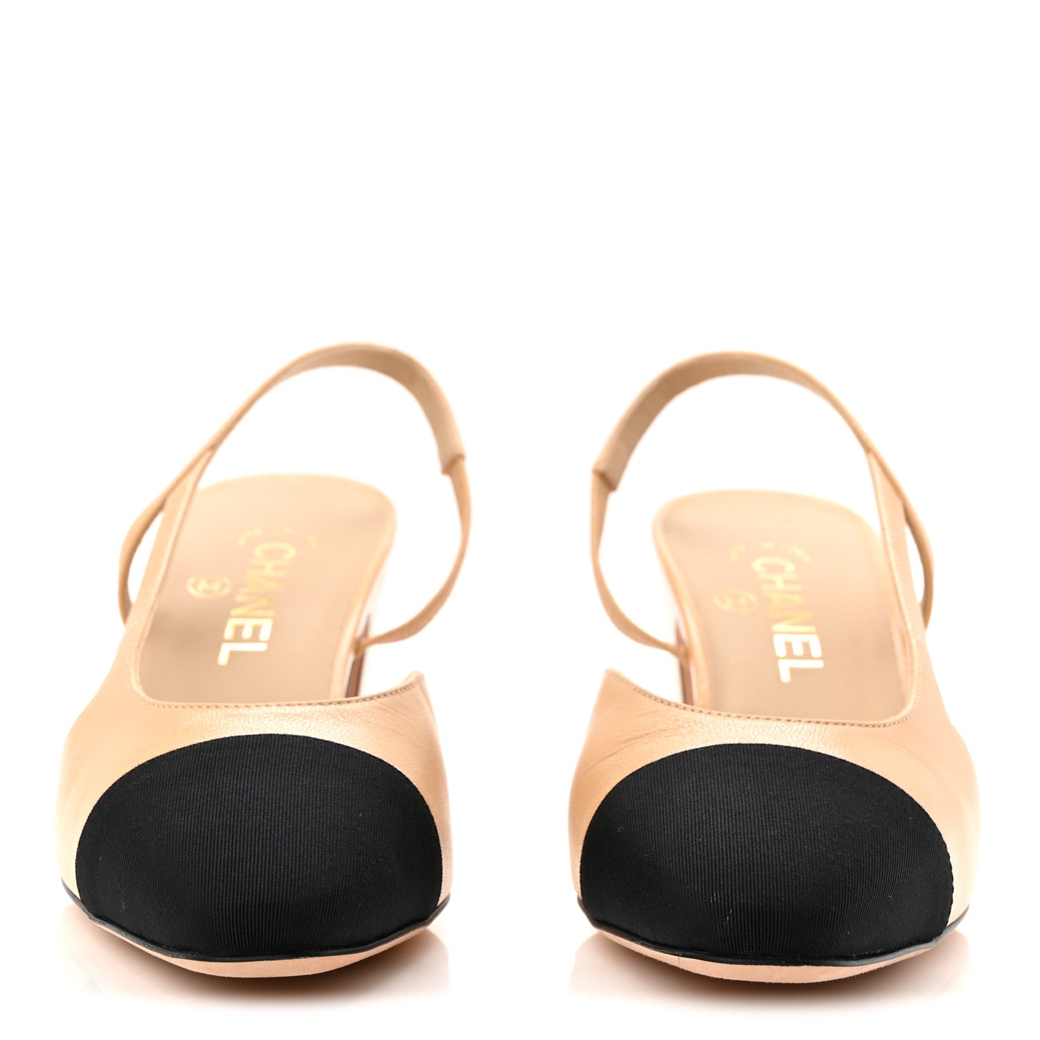 Goatskin Grosgrain Cap Toe CC Slingback Pumps 39 Beige Black