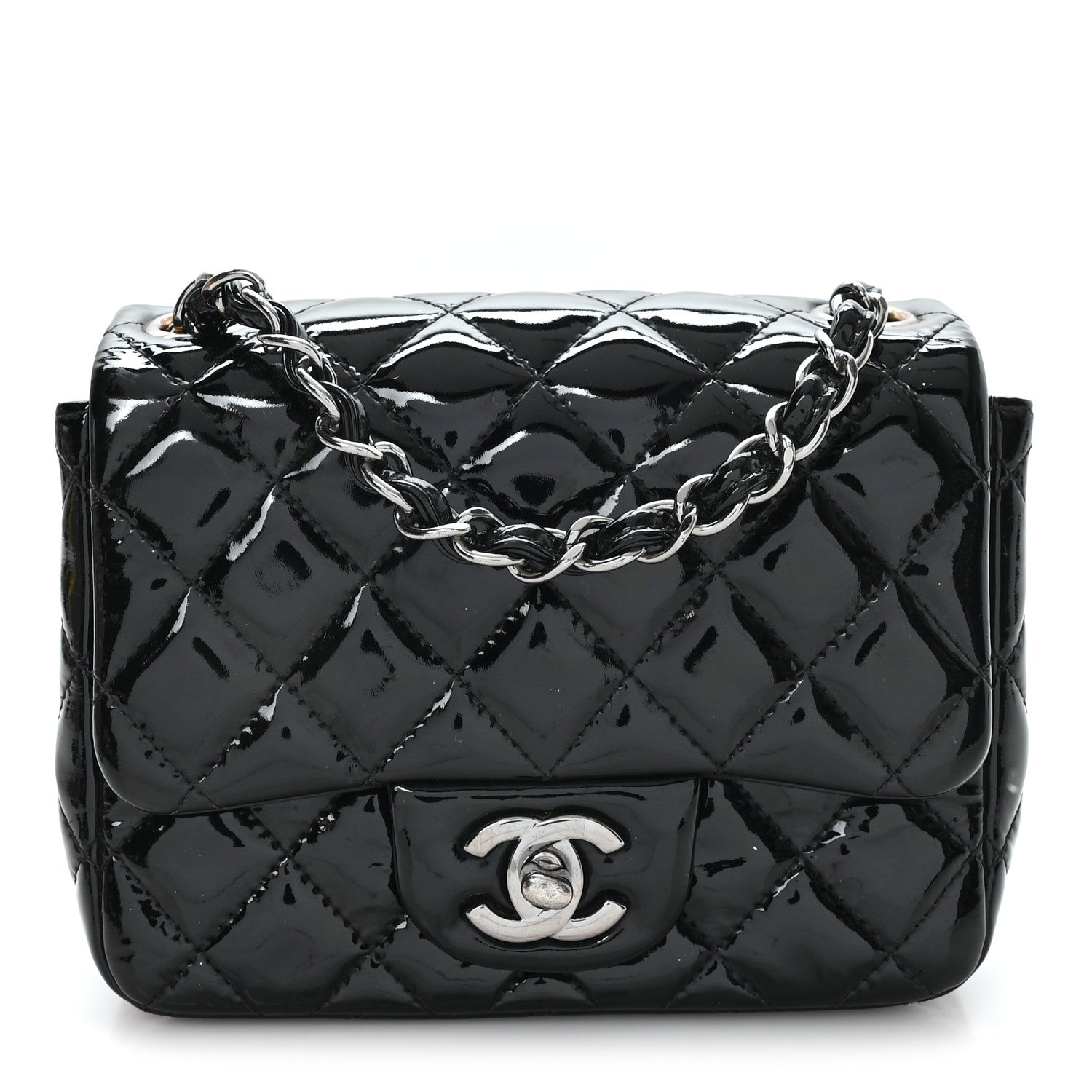 Patent Calfskin Quilted Mini Square Flap Black