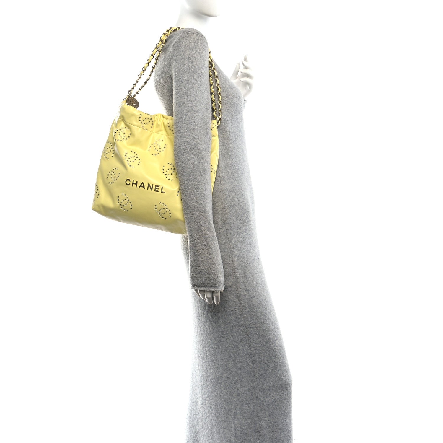 Shiny Calfskin Eyelet CC Small Chanel 22 Light Yellow