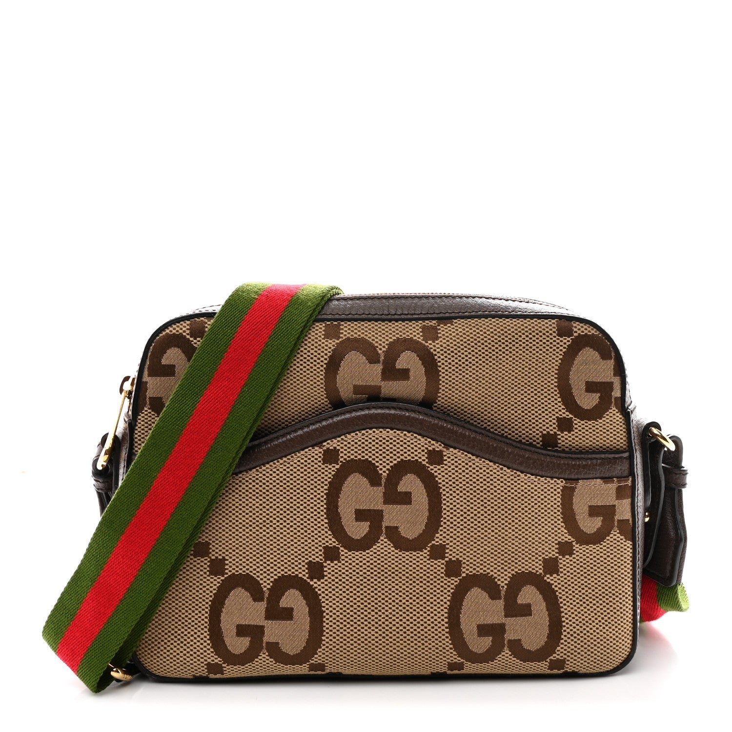 Monogram Jumbo GG Textured Dollar Calfskin Web Messenger Shoulder Bag Camel Ebony New Acero