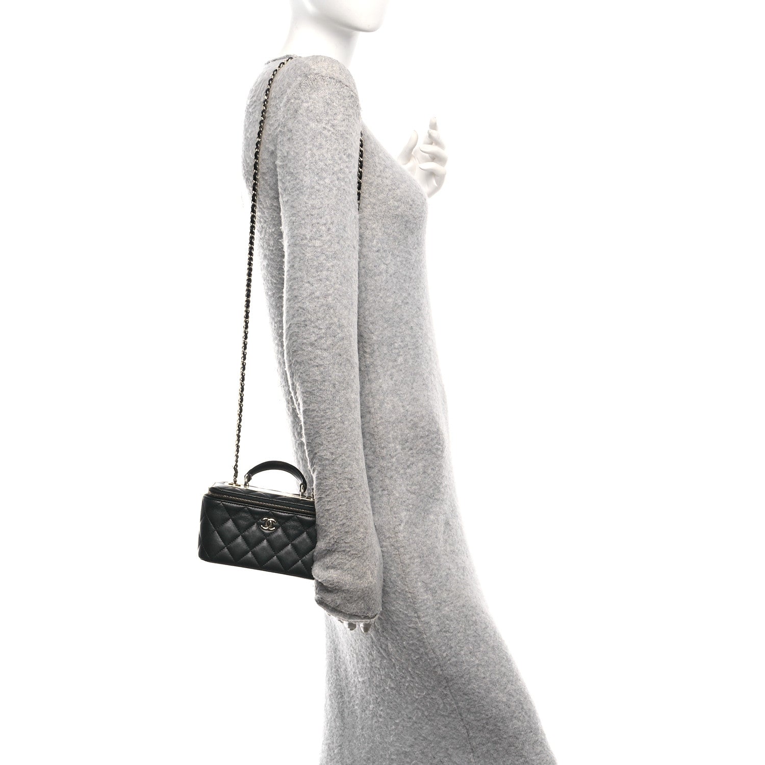 Lambskin Quilted Trendy Small Top Handle Vanity Case With Chain Black