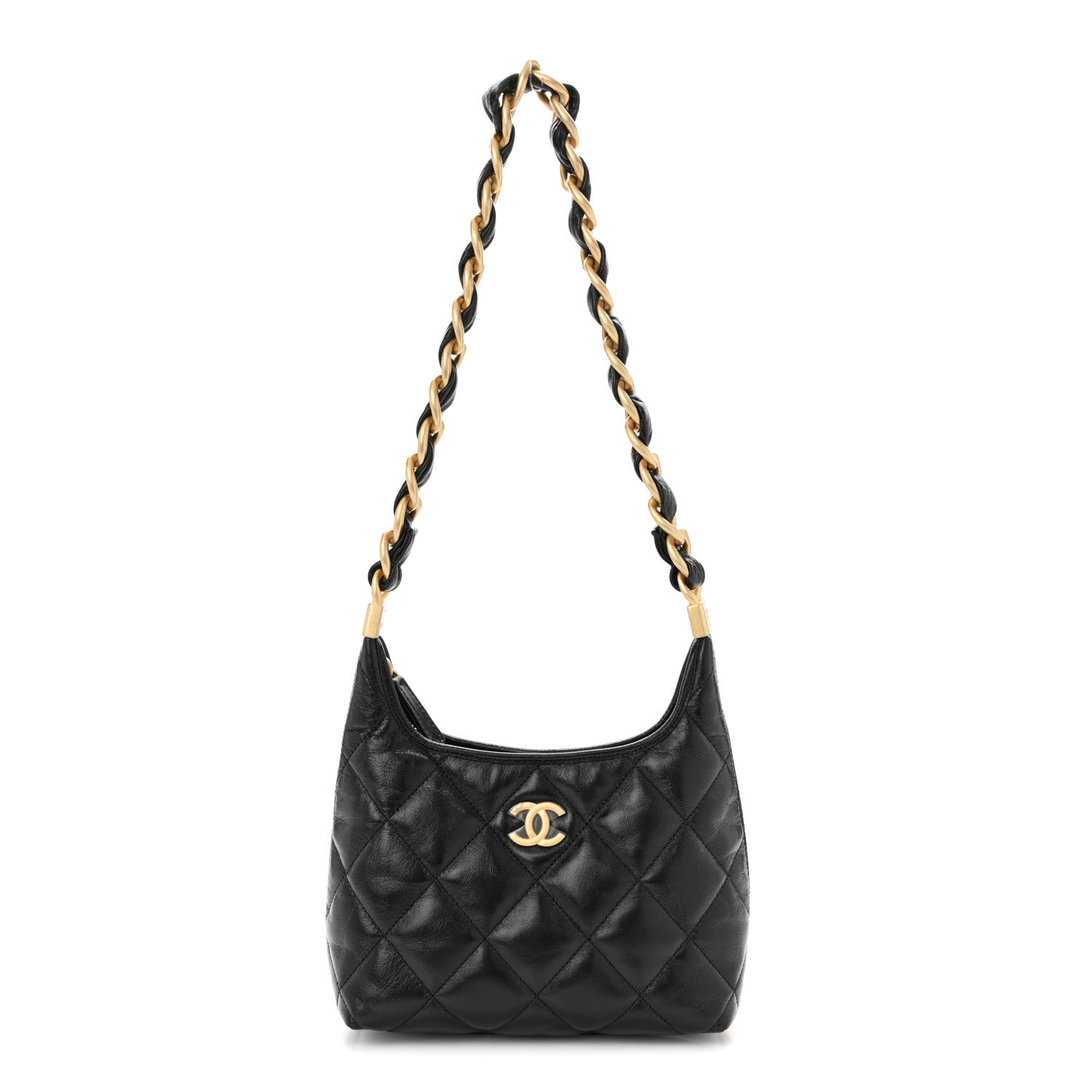 Shiny Crumpled Lambskin Quilted Small CC Funky Town Hobo Black