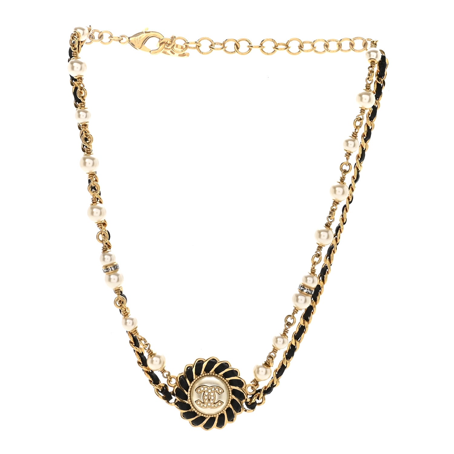 Lambskin Pearl Crystal CC Short Double Strand Necklace Gold White Black