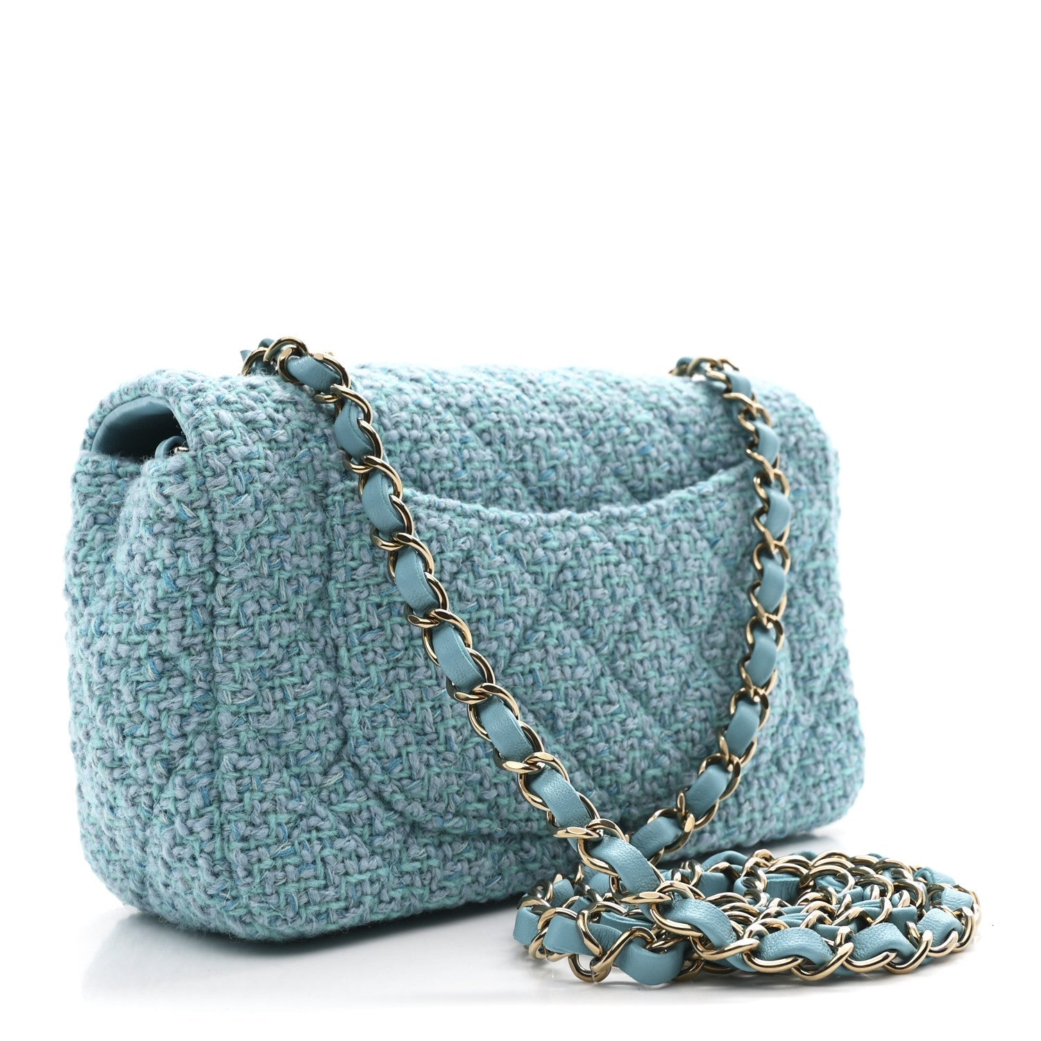 Wool Tweed Quilted Mini Rectangular Flap Turquoise Light Blue